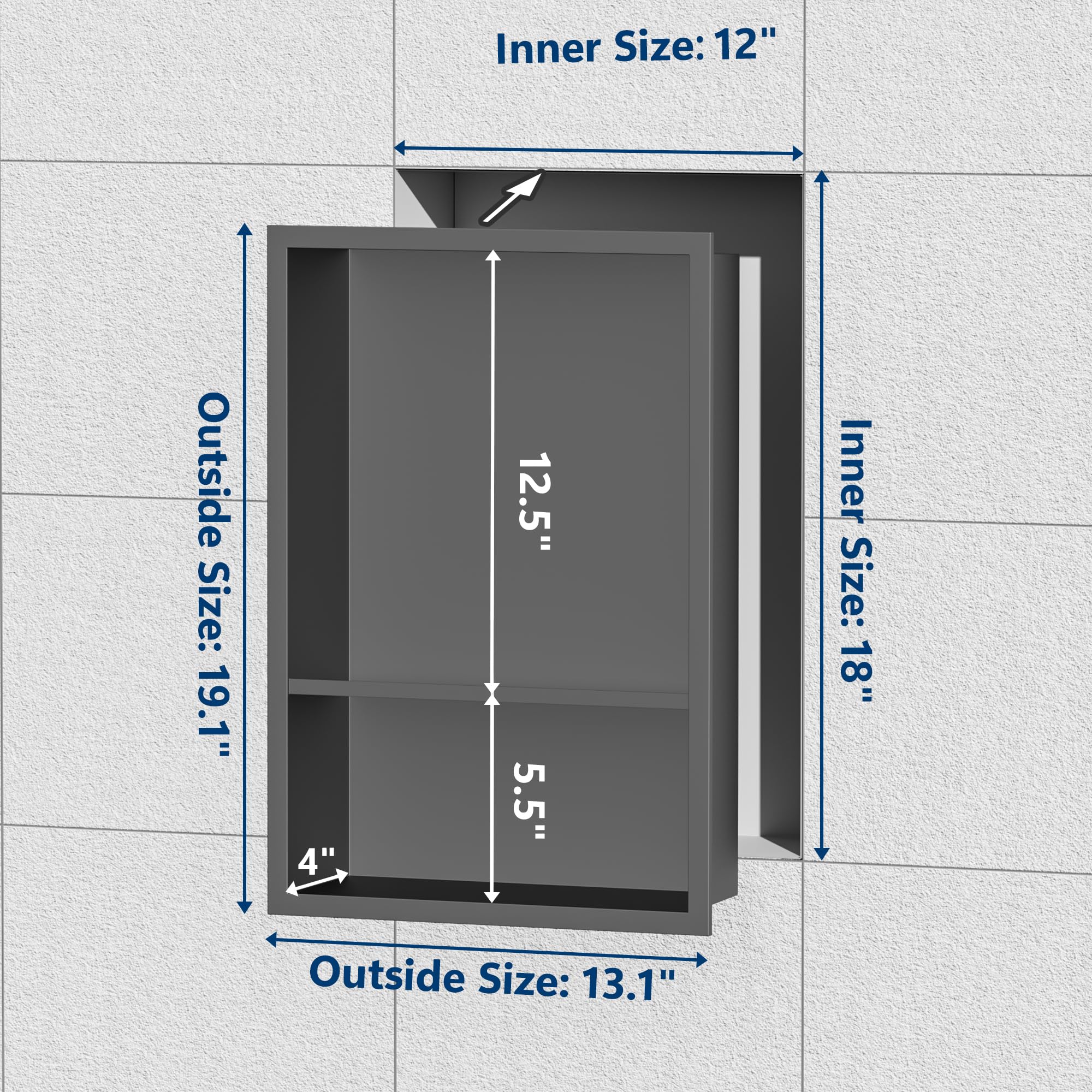 QWORK® Muur Niche Douche Roestvrij Staal Enkele Plank Een Stuk Vorming voor Badkamer Zeep Fles Toiletartikelen, Mat Zwart, 30x30x12.5cm