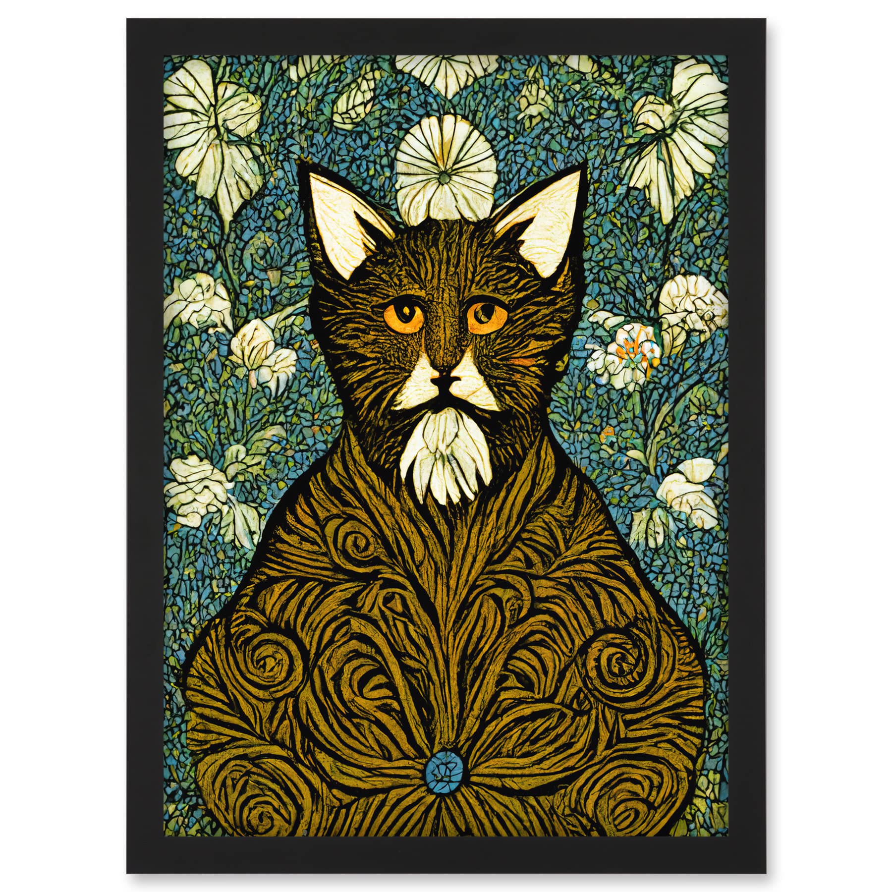 Doppelganger33 LTD Floral Paisley Illustrated Golden Cat William Morris Artwork Framed A3 Wall Art Print
