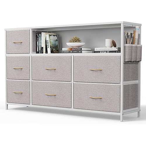 CubiCubi Dresser TV Stand for Bedroom, Small Kids Fabric Light Grey Dresser with Shelves for Closet, Wide Morden TV Stand for 55+ Inch TV, Light Grey