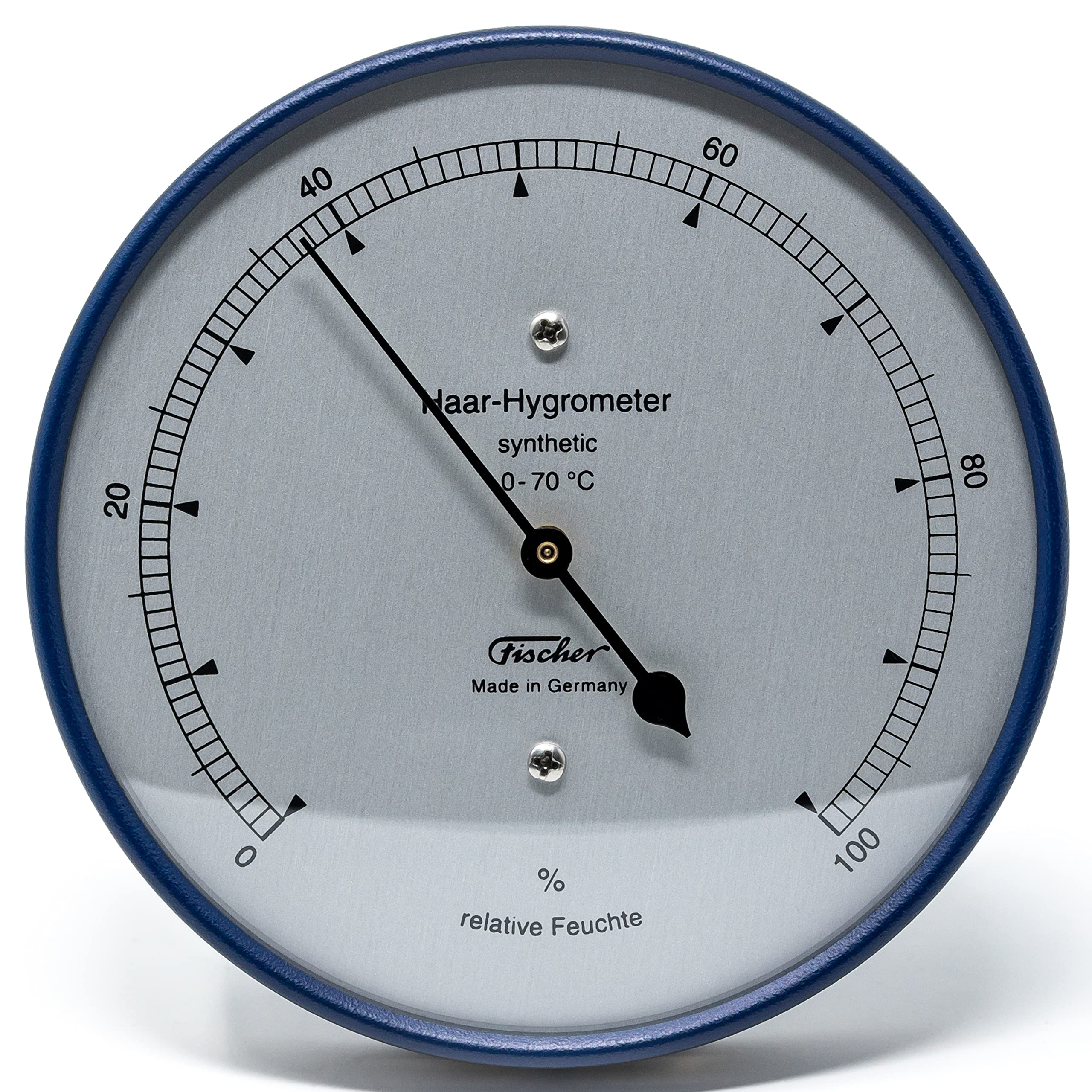 Fischer 122.48, synthetisches Haar-Hygrometer, Glas, Edelstahl blau | Luftfeuchtigkeitsmesser, Messbereich 0-100 % r. F. und 0-70 °C, Genauigkeit ± 3 % r. F., 103mm Durchmesser, Made in Germany
