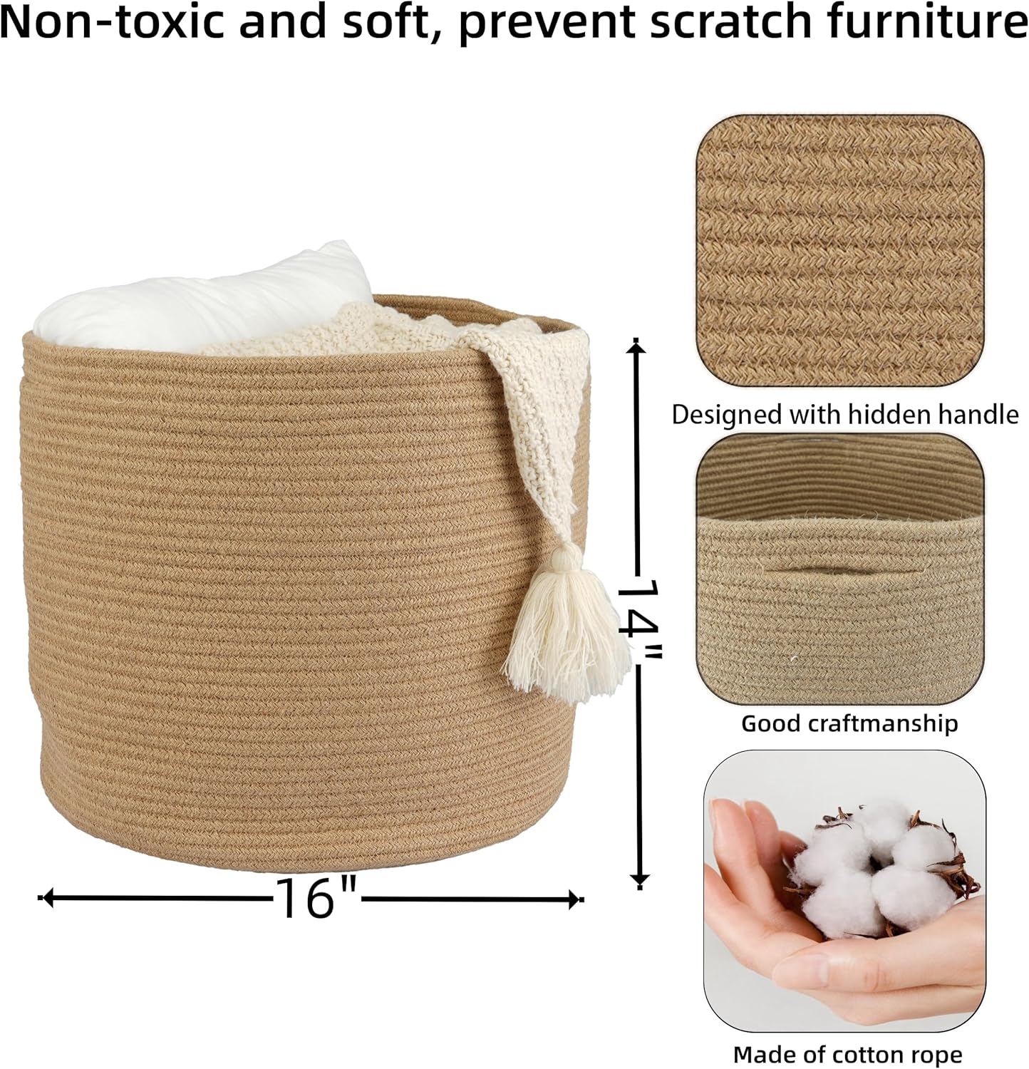 XUANGUO Jute Rope Basket For Girls Boys Kids 16”X14” Baby Laundry Baskets Nursery Bin Round Woven Basket Organizer For Storage Toys Blankets Shoes Clothes