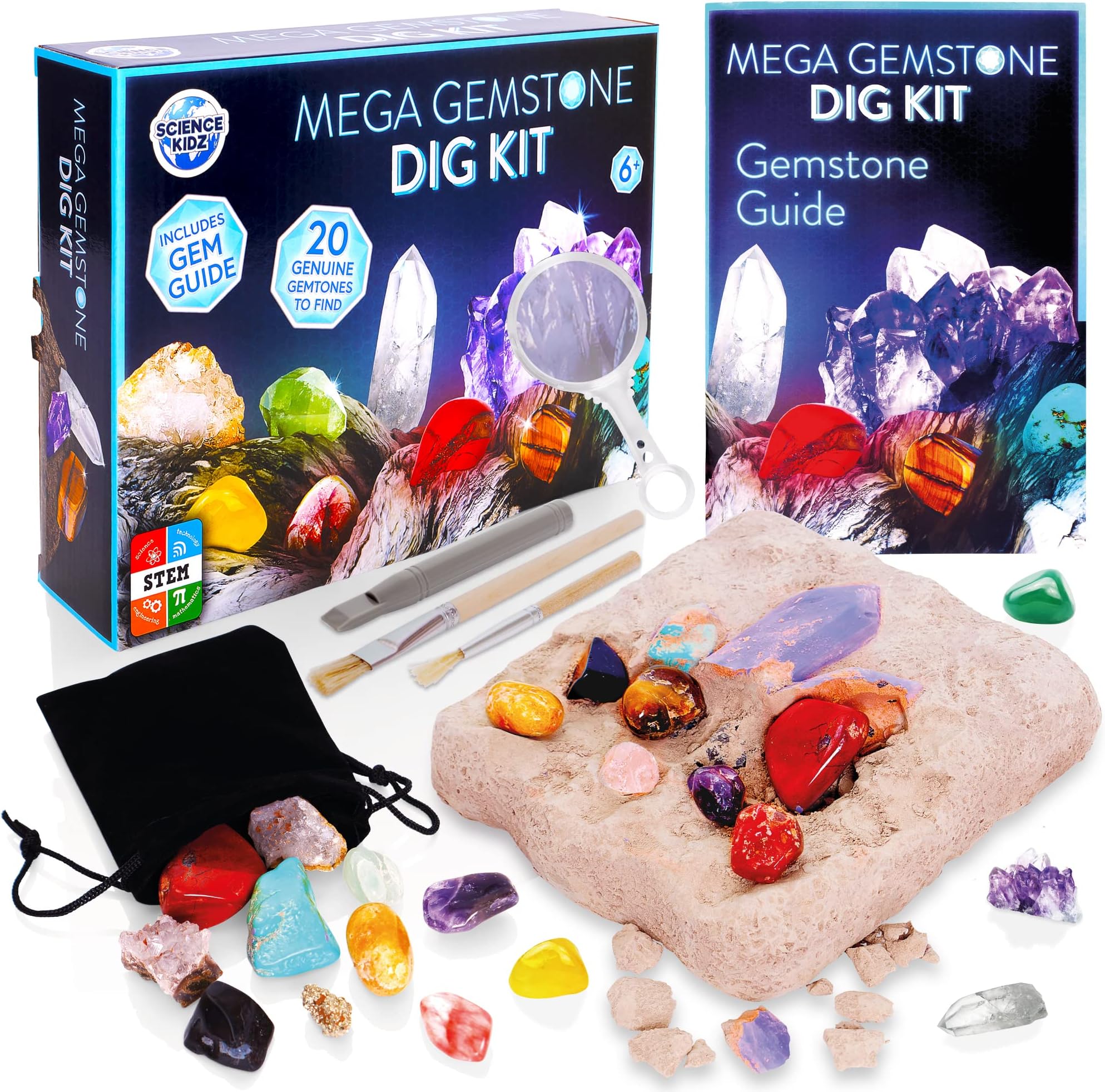 Science Kidz Mega Gemstone Dig Kit - 20 Real Life Gems & Crystals - Gemstones Excavation Kits For Kids - Gem Stones Digging Kit Set - Dig For Gems, Stones, Crystals & Rocks