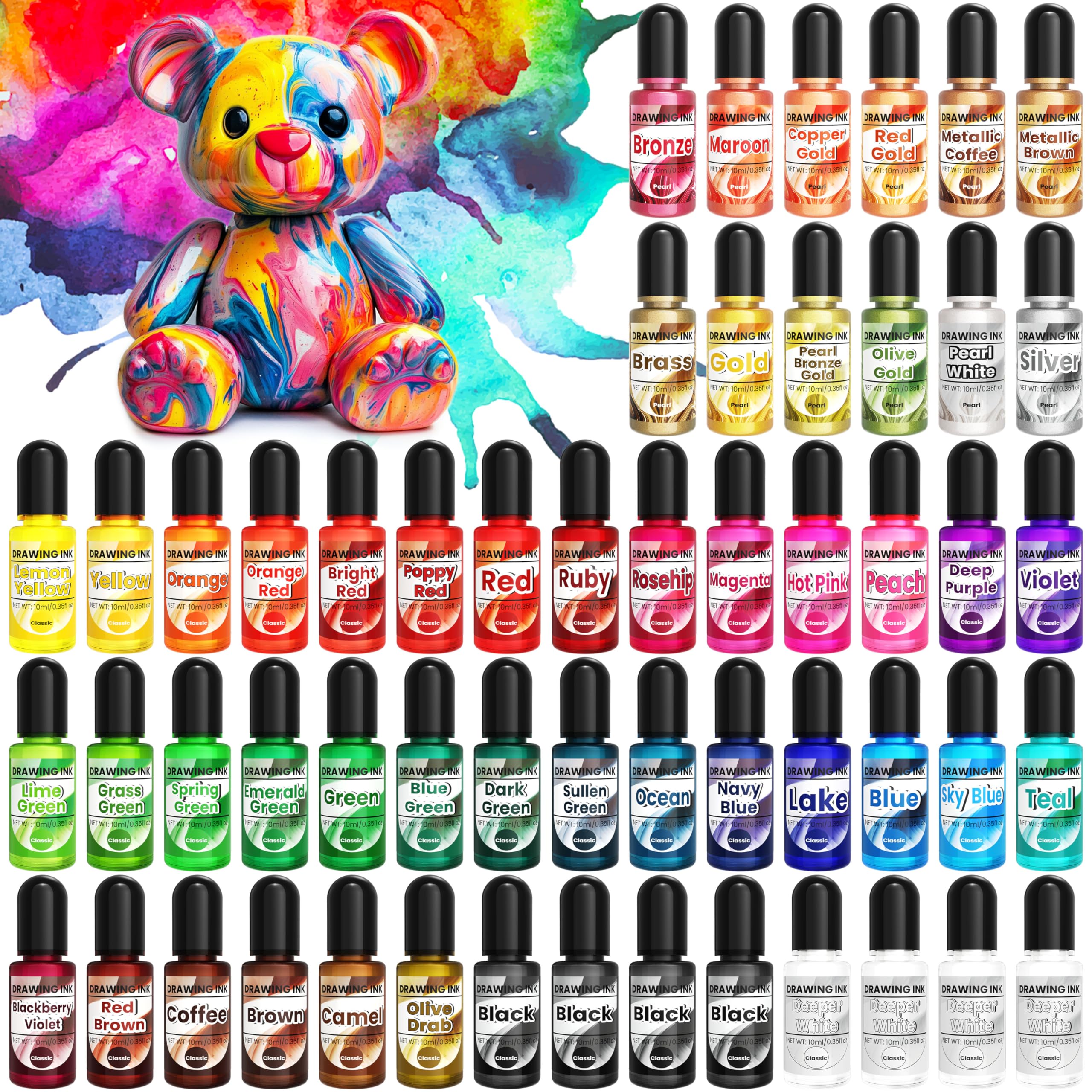 Alcohol Ink - 54 Vibrant Colors Alcohol Ink Set for Epoxy Resin, Pearl Colors Long Last Epoxy Dye for Resin Art, Tumblers, Petri Dish Making, Painting