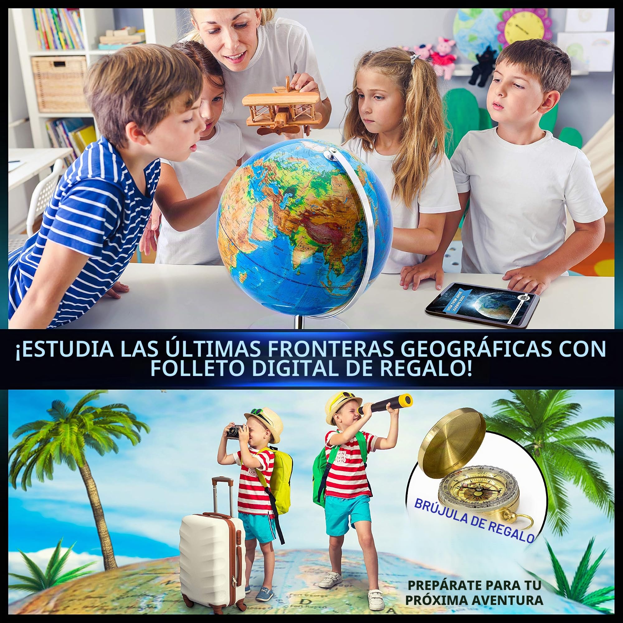 Globo terráqueo interactivo grande de 33 cm para adultos y niños, 33 cm con soporte, con constelaciones que se iluminan por la noche, mapa geográfico para regalo educativo de aprendizaje, con brújula