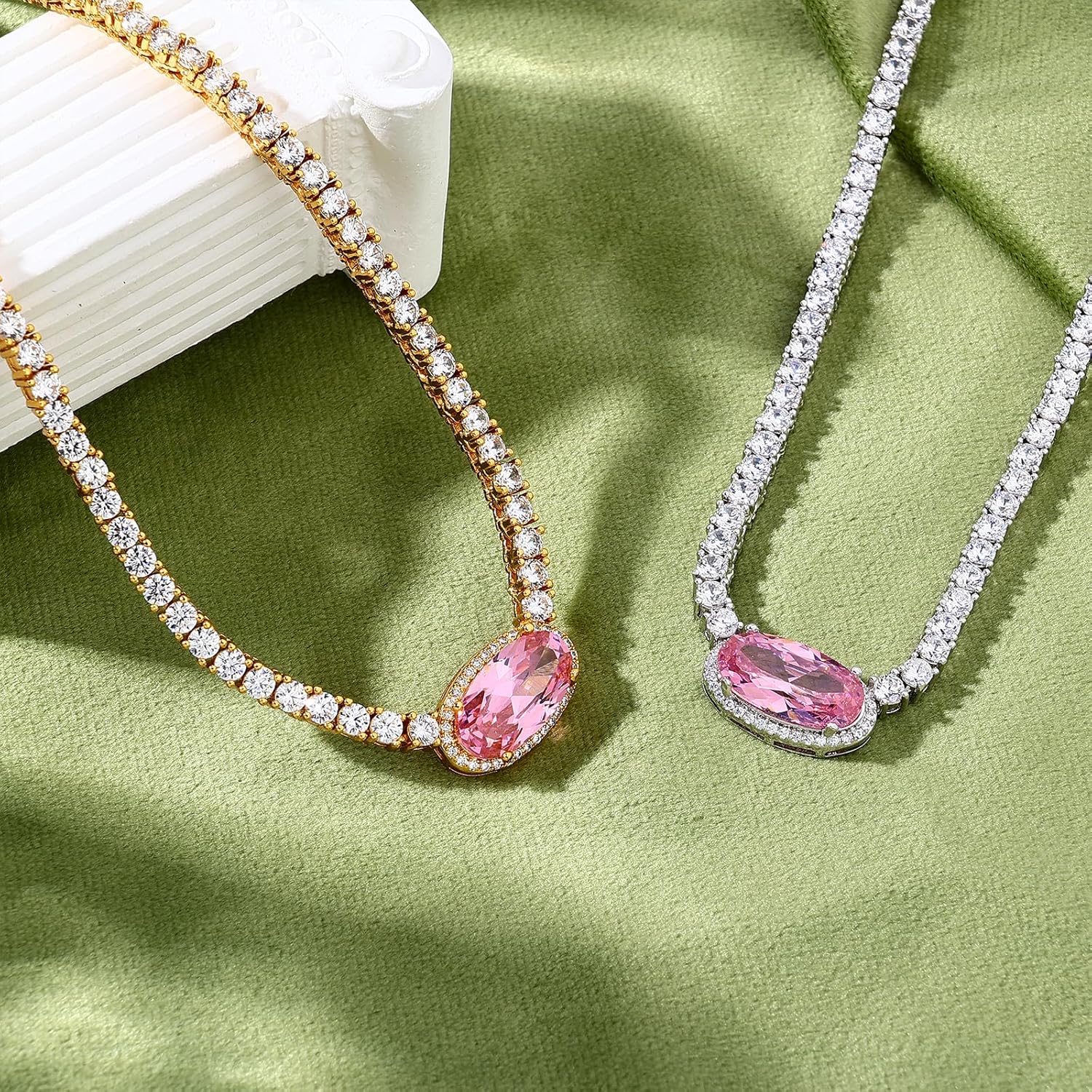 BREN Pendant Tennis Necklace for Women Men, 3mm 4 Prong 18K White/Yellow Gold Plated 16/18 inches Oval Cut Pink Pendant Cubic Zirconia Dainty Chain Jewelry Gift