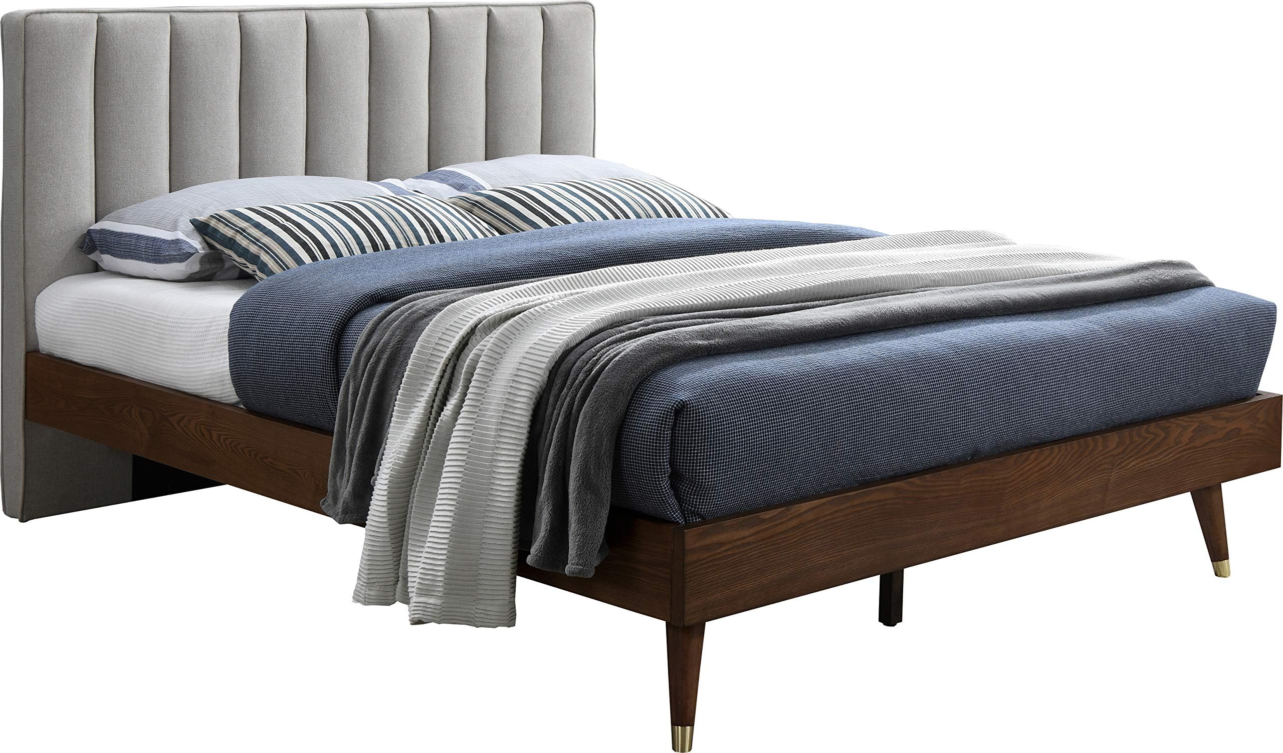 Meridian Furniture VanceBeige-Q Vance Collection Mid Century Modern Linen Textured Fabric Bed with Soft Durable Upholstery and Gold Cap Wooden Legs, 63" W x 85" D x 43.5" H, Beige, Queen