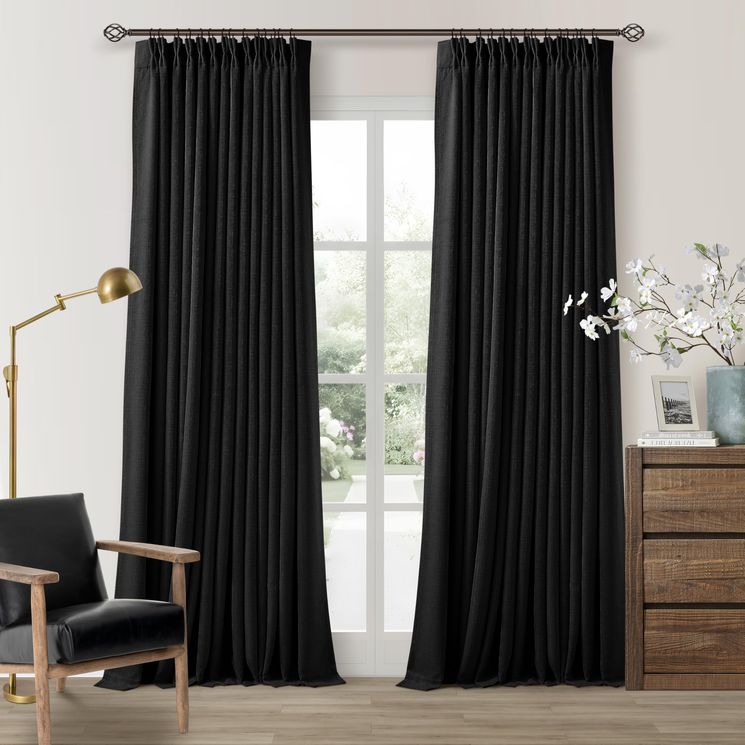 Black 102 Inch Pinch Pleated 100% Blackout Curtains with Liner 2 Panels Set