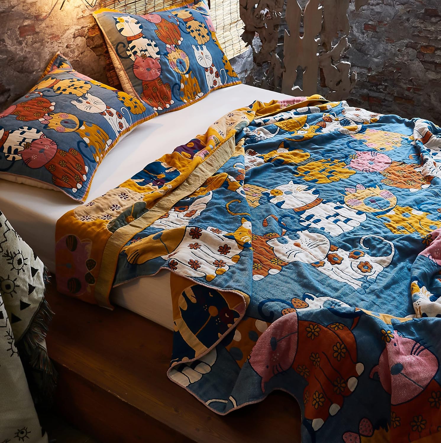 MEJU Kitty Cats Kids Child Muslin Blanket Throw Reversible Cover for Bed Sofa Couch, 100% Combed Cotton 4 Layer Soft Warm Quick Dry Throw Blanket Bed Coverlet Quilt Sheet Blue Twin 60 in x 80 in - Image 3