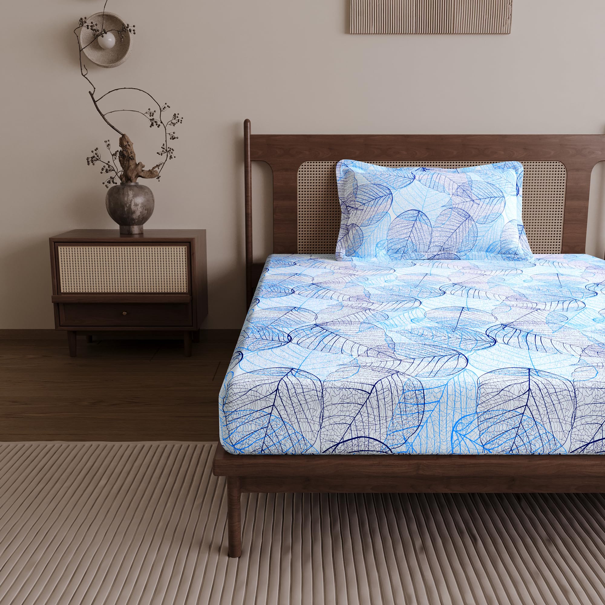 Divine Casa 144 TC Cotton Single Bedsheet with 1 Pillow Cover | Soft Breathable Wrinkle Free Bedsheet for Single Bed | Printed Bed Sheet Set for Bedroom | 145 x 223 cm (Light Blue, Floral) 1