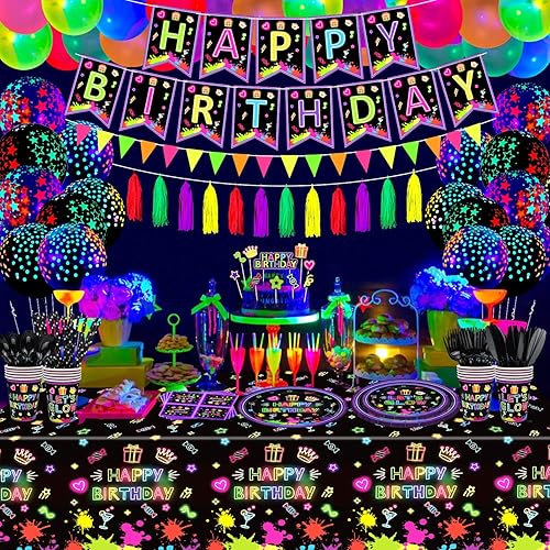 Miniatura 4 de Paquete de 247 suministros de fiesta de neón que brillan en la oscuridad, decoraciones de fiesta con luz negra, platos, pancartas de luz negra,