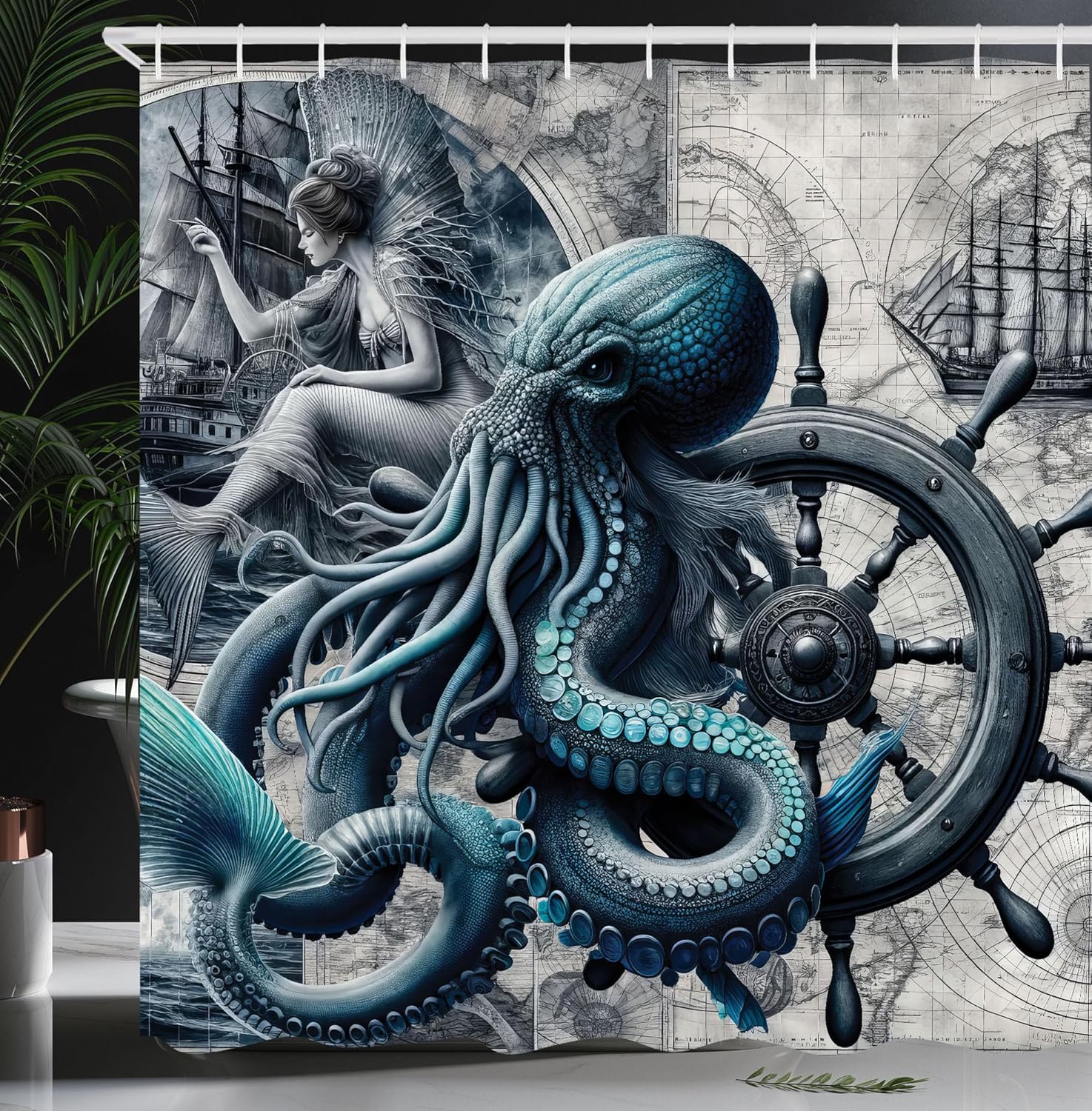 Ambesonne Blue Shower Curtain, Nautical Concept Gothic Marine Fantasy Sailors Nightmare Kraken Siren, Cloth Fabric Bathroom Decor Set with Hooks, 69" W x 84" L, Dark Blue Grey and Ivory