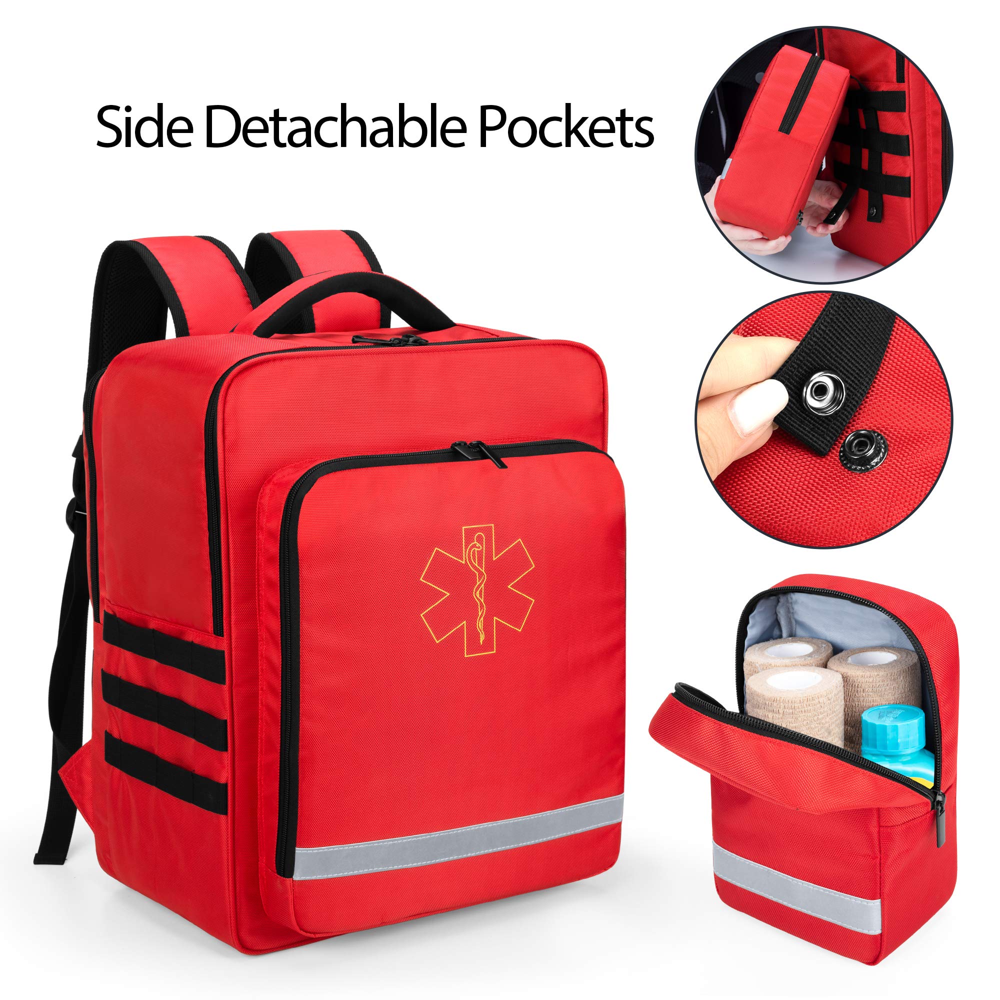 Trunab Zaino Emergenza Zaino Medico Vuota Rosso, Borsa Medica Pronto Soccorso con Tasche Laterali Staccabili e Fondo Antiscivolo, Adatto per EMT, Paramedico, Visita Domiciliare-Versione Migliorata
