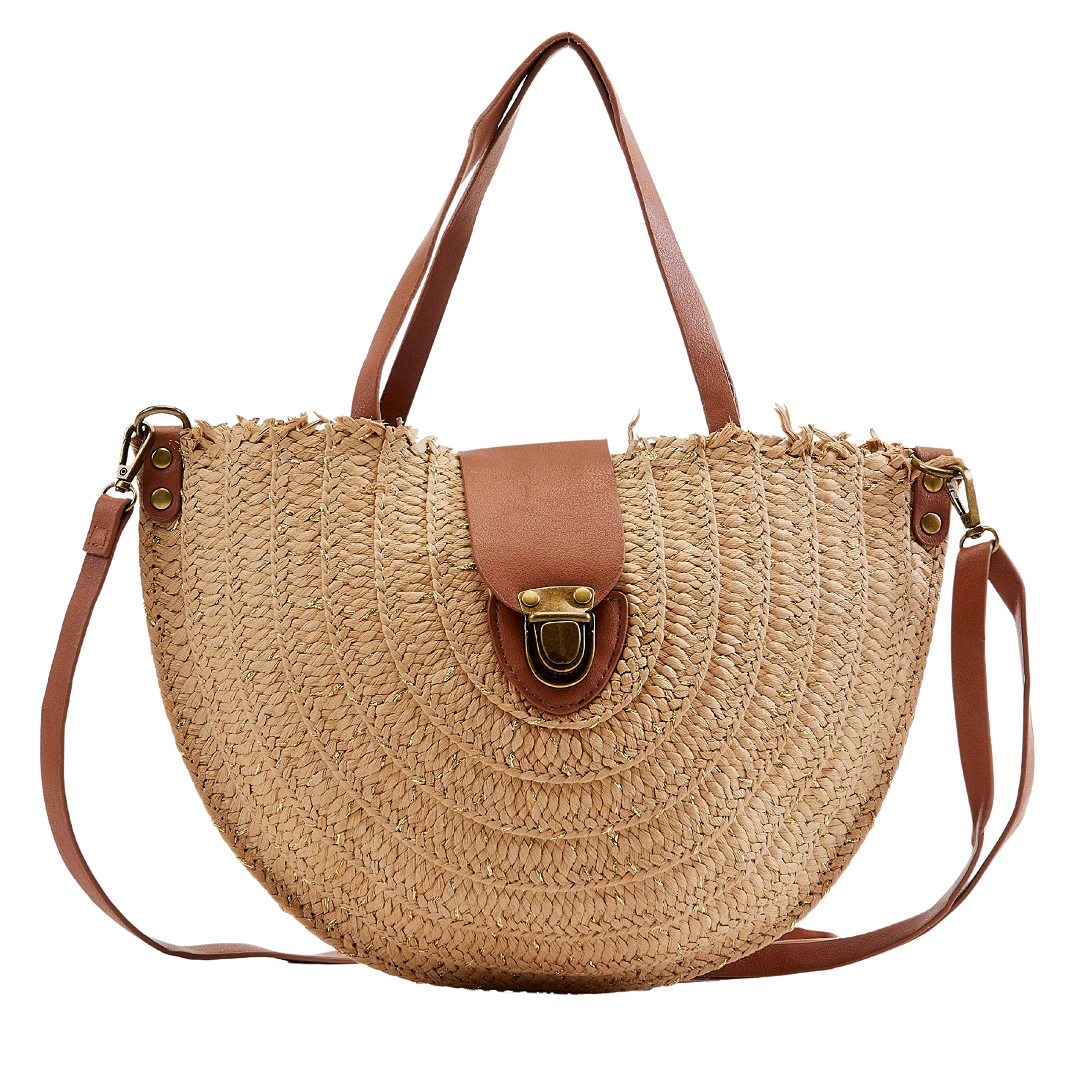 Alyna Style Bolso Rafia, Bandolera Verano con un Estilo Bohemio, Actual y Moderno, de Paja, mimbre, para mujer (Natural Brillo)