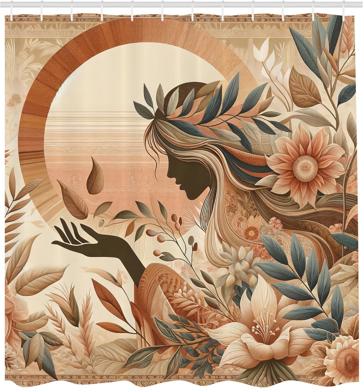 Ambesonne Boho Shower Curtain, Peachy Hues with Lady Nature Botanical Ornaments Soft Terracotta Colors, Cloth Fabric Bathroom Decor Set with Hooks, 69" W x 70" L, Slate Blue and Pale Rust