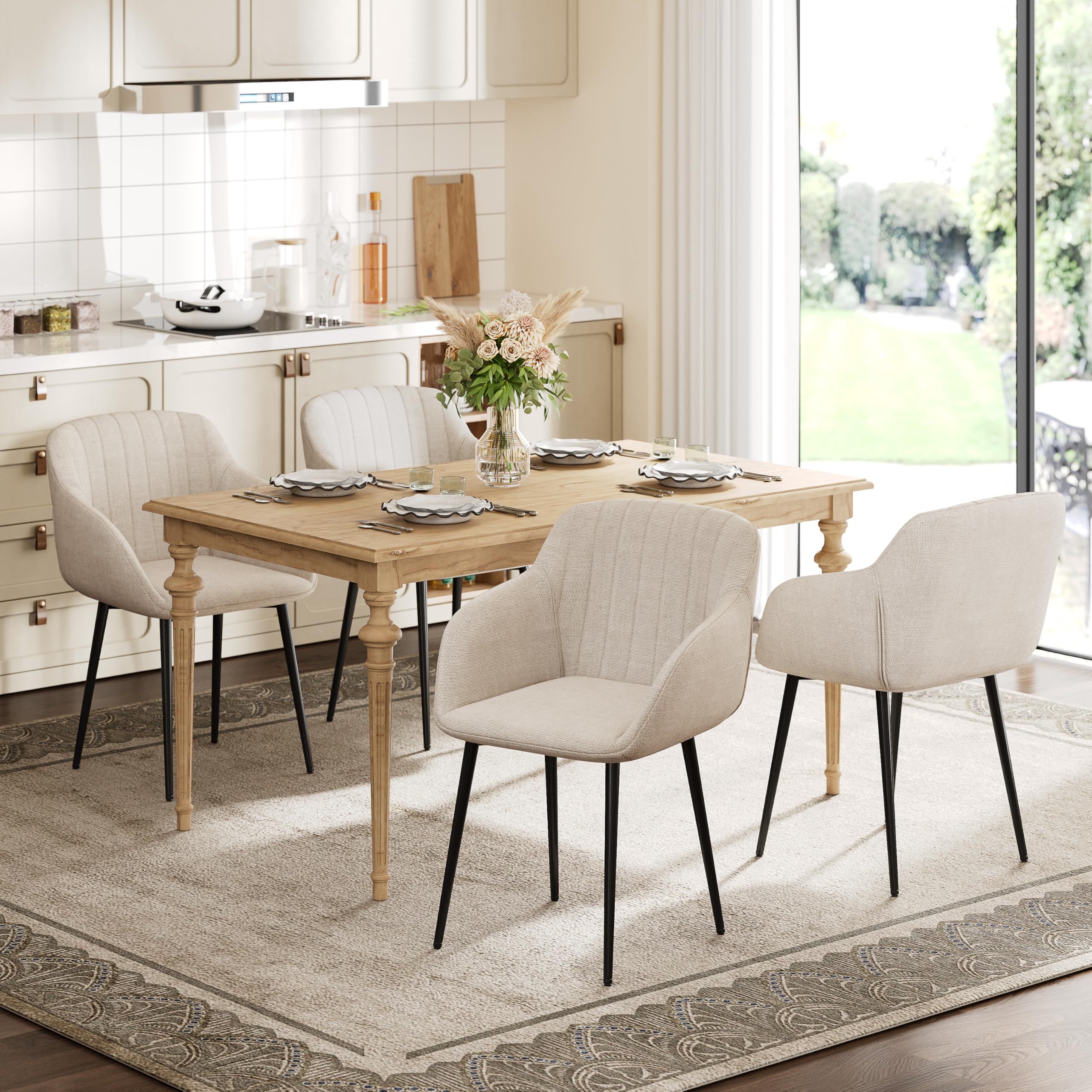 Lot de 6 Chaises Salle à Manger Beige avec Accoudoirs, Fauteuil Rembourré en Lin Pieds Métal