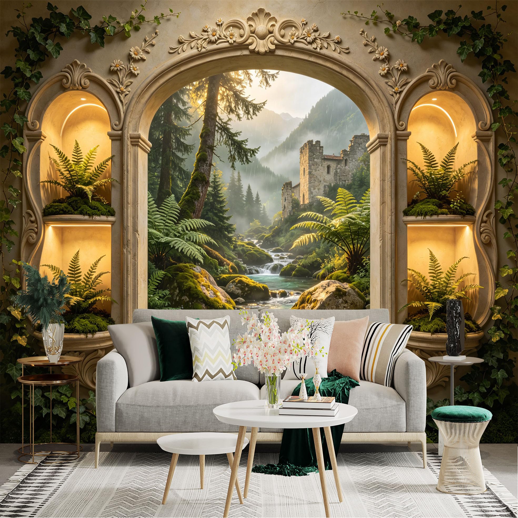 Lnzczhyre Dbh260521050 Custom Size Wall Sticker Mural， Scenic Fantasy Window View， Ancient Stone Castle， Mist Covered Forest， Sparkling River And Ferns， For Wall Decoration， Peelandstick Wall Decals.