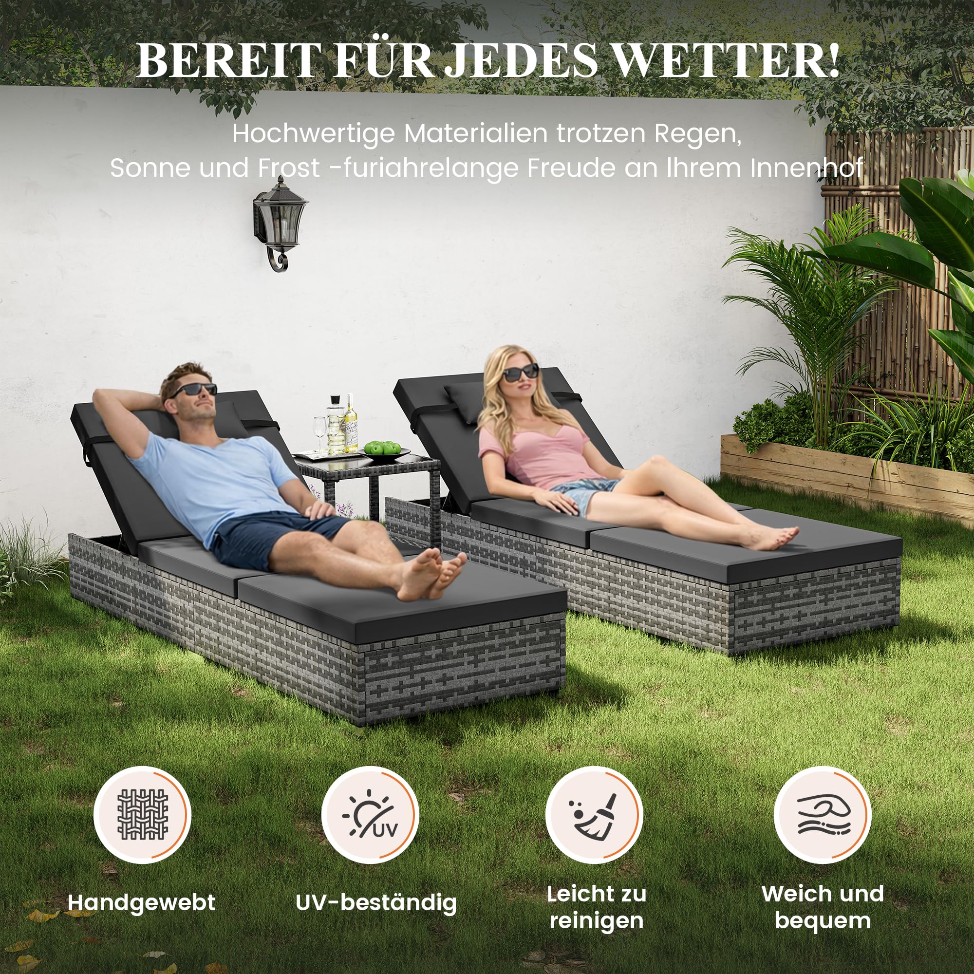 UDPATIO Sonnenliege 2 Personen Set, 3er Gartenmöbel Lounge Set Outdoor inkl. 2 Polyrattan Gartenliegen Wetterfest & 1 Tisch, Sonnenliegen Set für Garten, Terrasse, Balkon (Grau-meliert & Grau Bezüge)