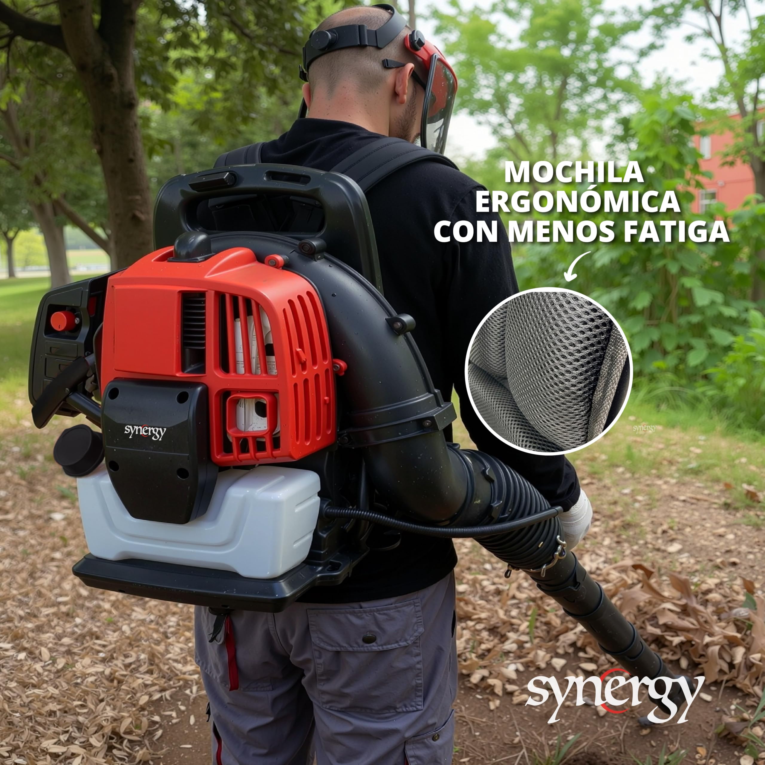Soplador de Hojas Gasolina 43cc de Mochila – soplador de Aire Potente con Motor 2 Tiempos 1,6cv y Arranque fácil – Ideal para Jardines, ergonómico y Limpieza de caudal.