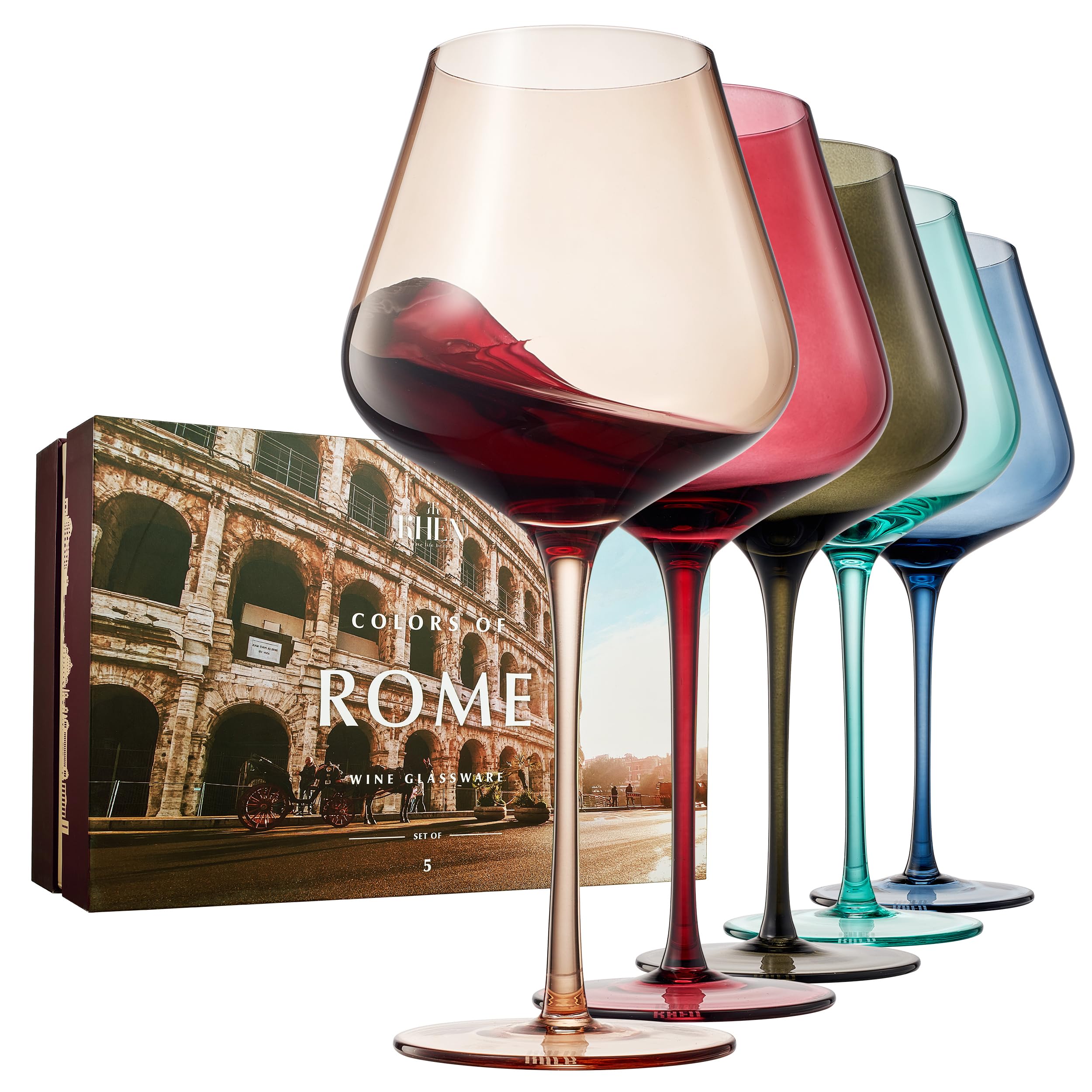 Colors of Rome Italy Wine Glasses Art Deco Colored Wine Glass Set 20oz Gorgeous Gift Box Set of