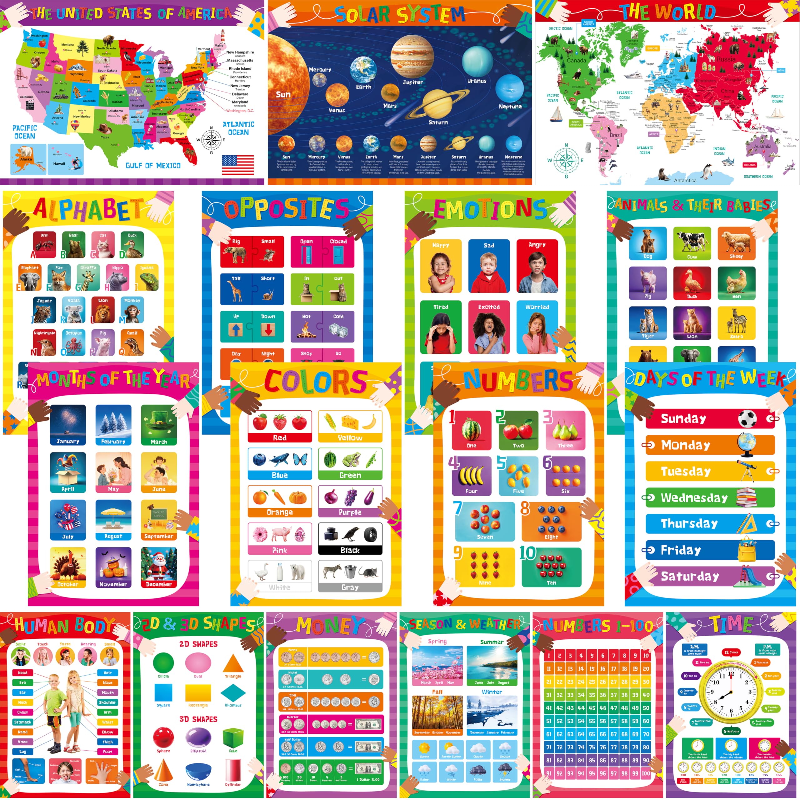 Educational Posters for Kids, 17 PCS All-in-One Set Learning Posters