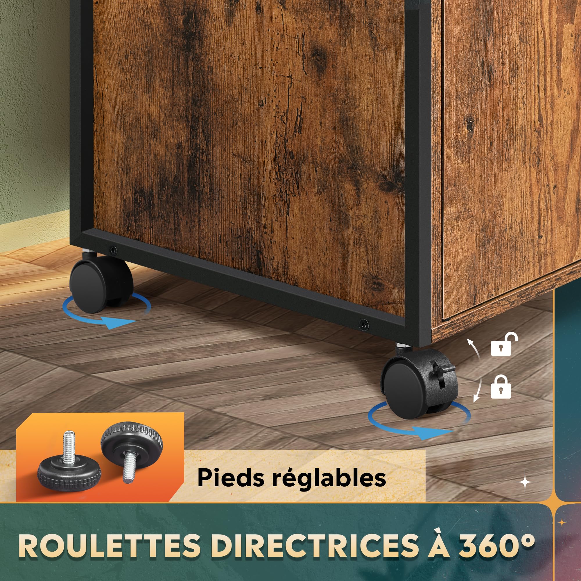 DEVAISE Caisson Bureau Mobile avec Station de Recharge - Meuble Imprimante Verrouillable à roulettes pour Bureau Domicile - Rangement A4, Étagères Réglables,Brun Bois