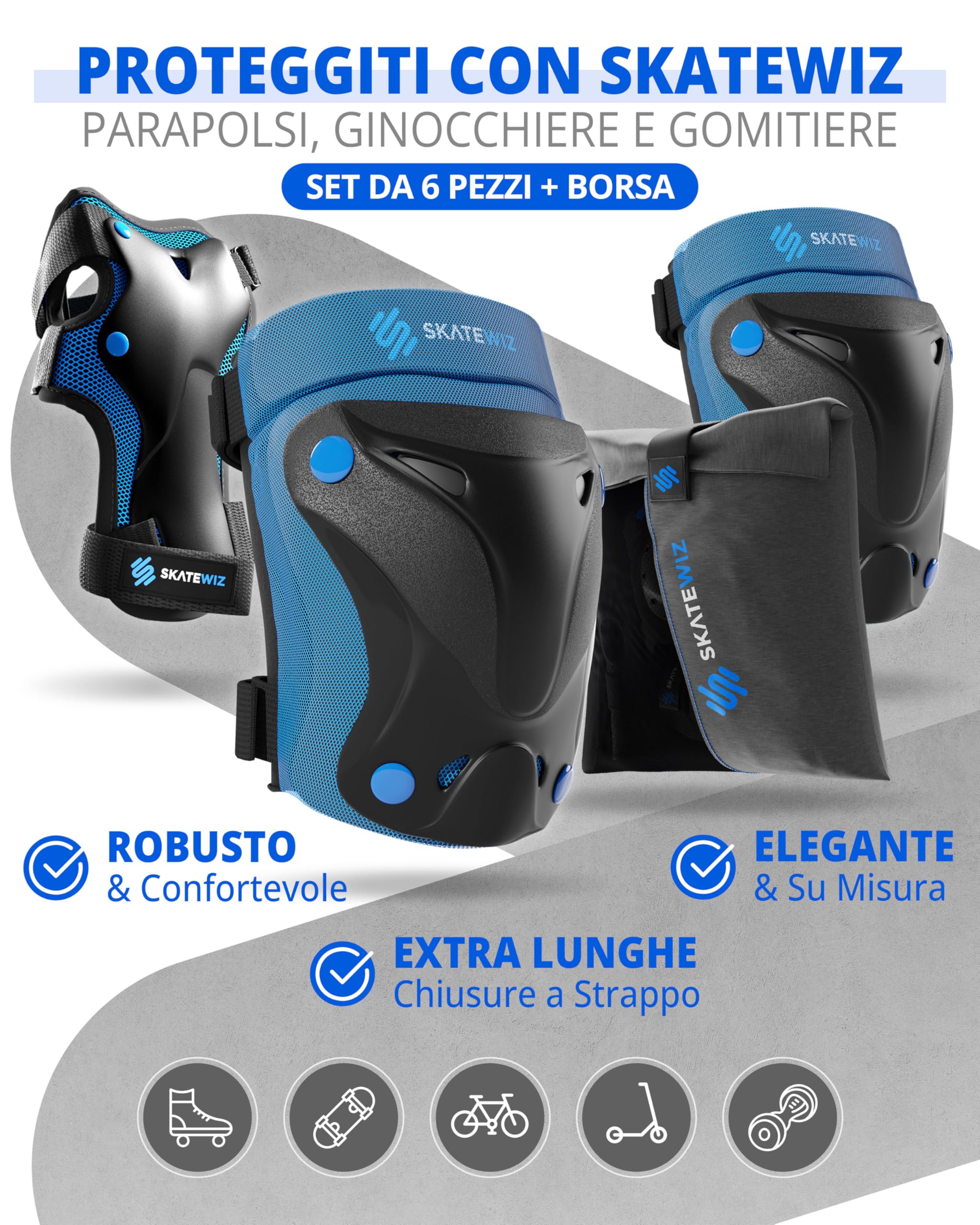 SKATEWIZ Protezioni Pattini Bambina [6pc] Protezioni per Pattini per Ragazze - Ginocchiere Bambina, Bambino e Adulti