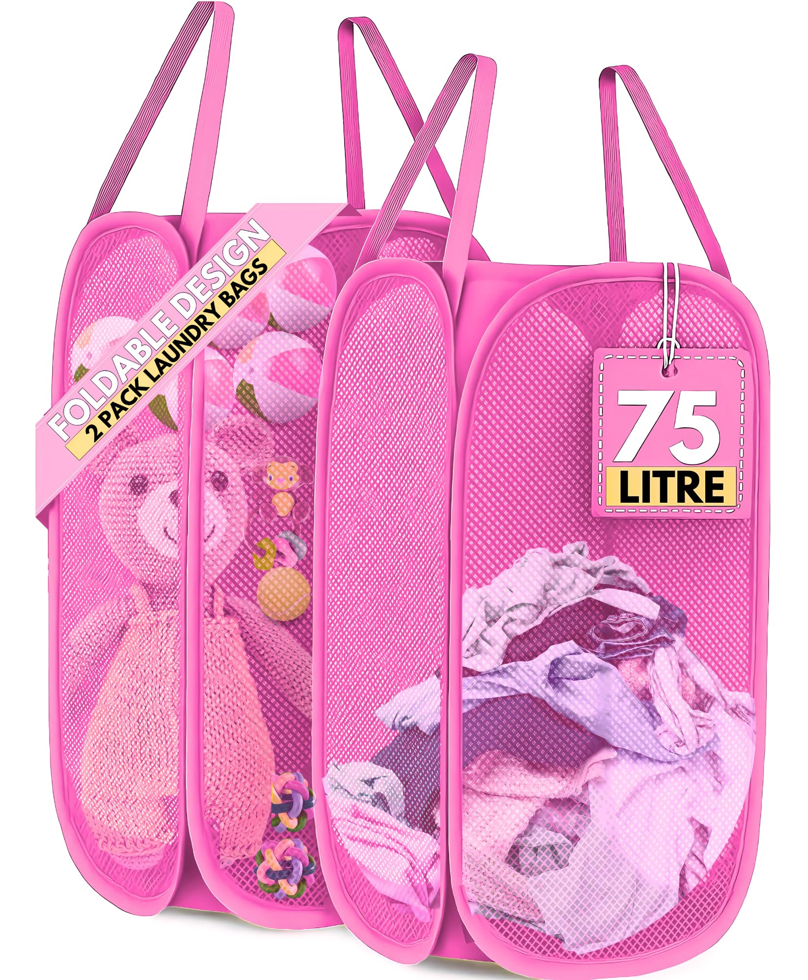 F8WARES 2PK 75 Litres Nylon Mesh Foldable Laundry Basket for Clothes - Odourless Breathable Laundry Bag for Clothes with Carry Handles - Kids Toy Baskets For Storage & Dirty Cloth Basket Hamper Pink