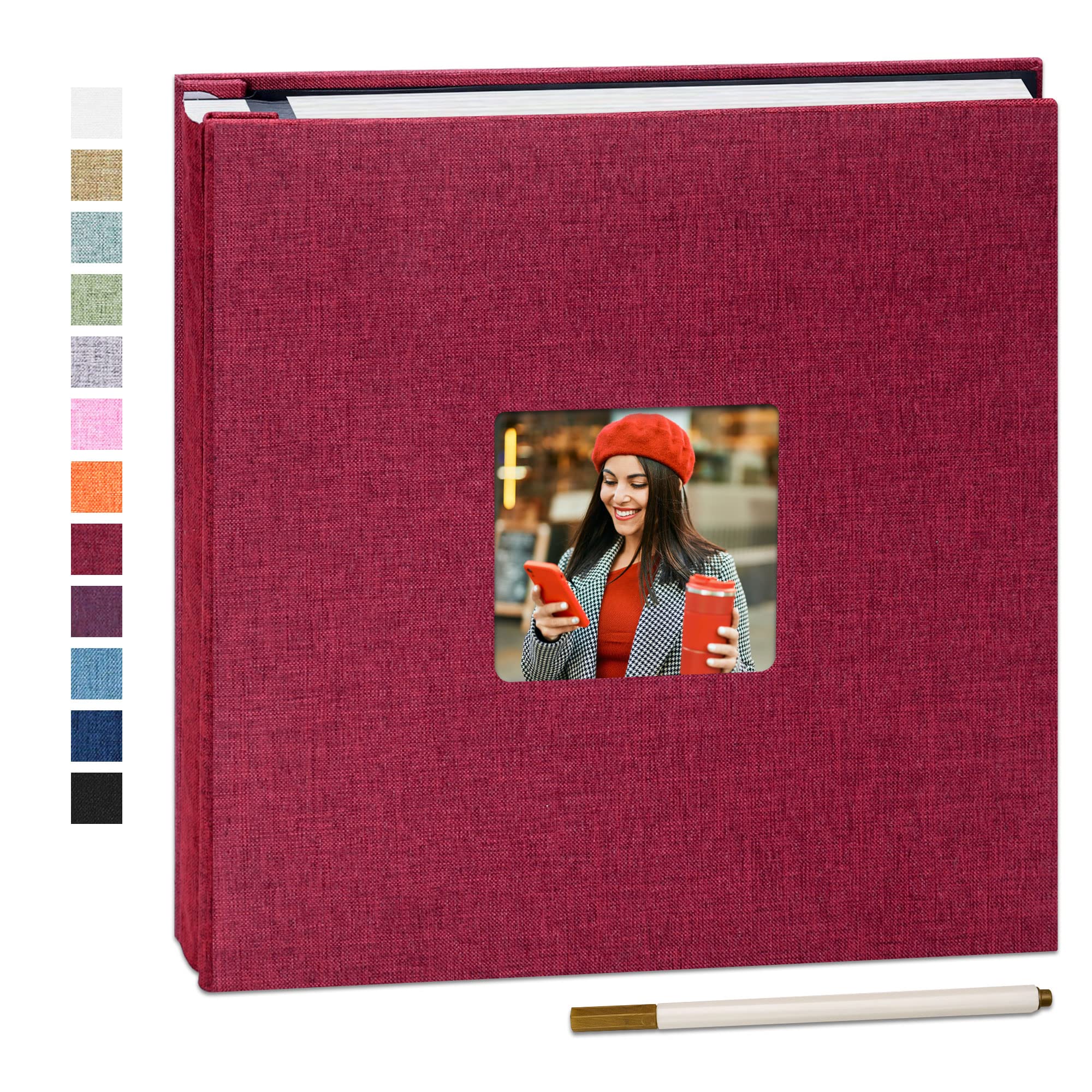 Yopih Red Self Adhesive Photo Album 28X27cm Fits 10X15 8X13 13X18 15X20 20X25 Cm Photo Scrapbook With Window 40 Pages Linen Cover With A Metallic Pen Diy Memory Book For Baby Wedding Family