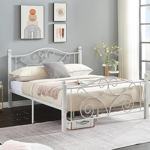 Miniatura 76 de VECELO Base de cama tamaño individual con cabecero y estribo, soporte de listones de metal resistente, base de colchón de plataforma, no necesita