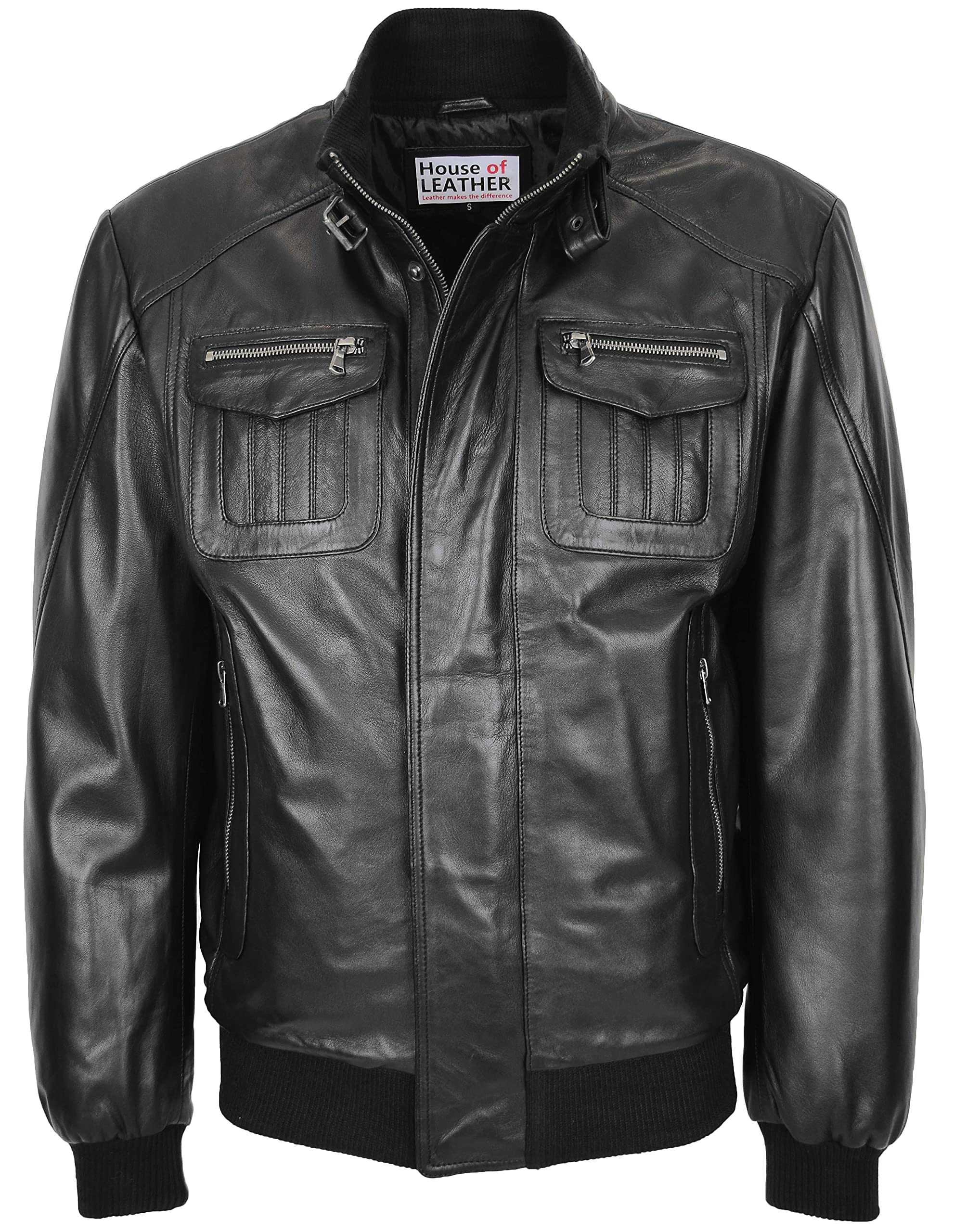 House Of Leather Men's Black Real Leather Bomber Flight Jacket Casual Style Tom (L, )