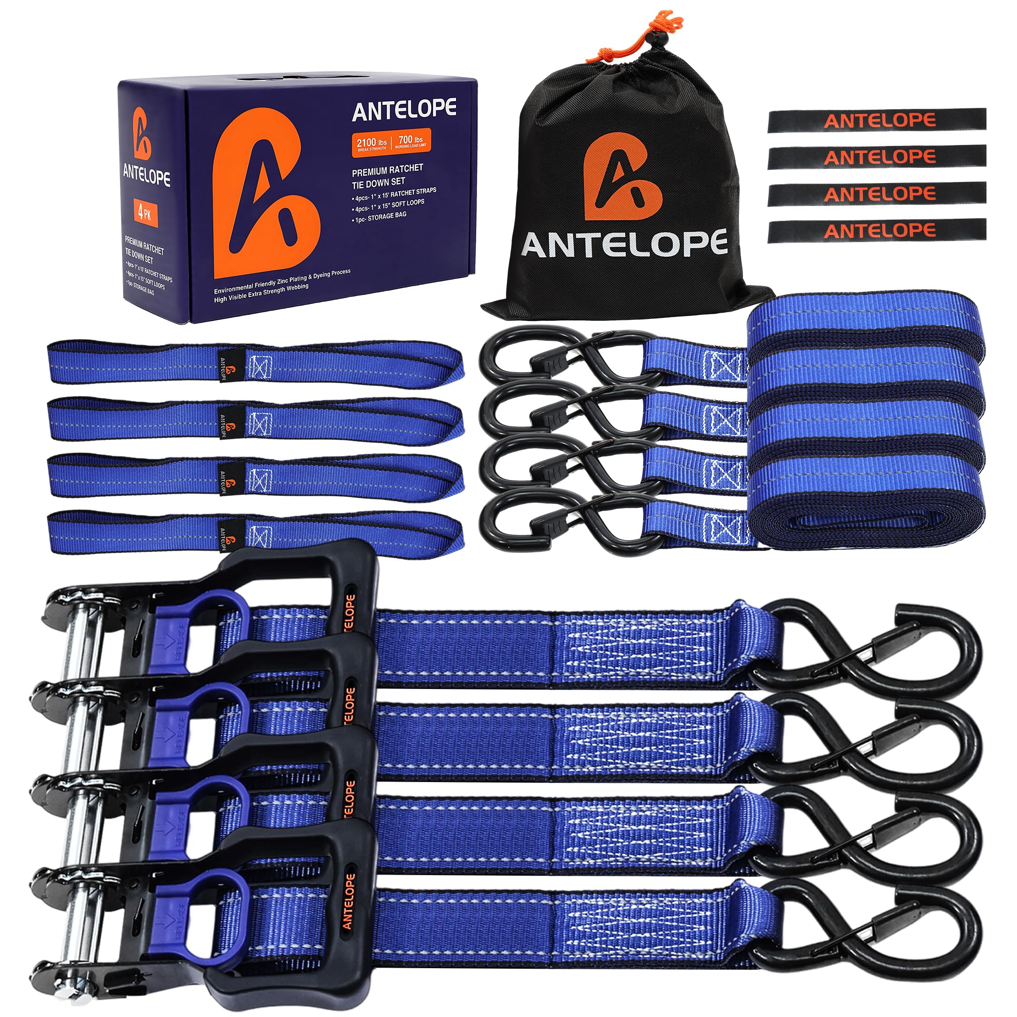 A ANTELOPE Ratchet Tie Strap Set of 4-2100 LBS Breaking Strength, 1