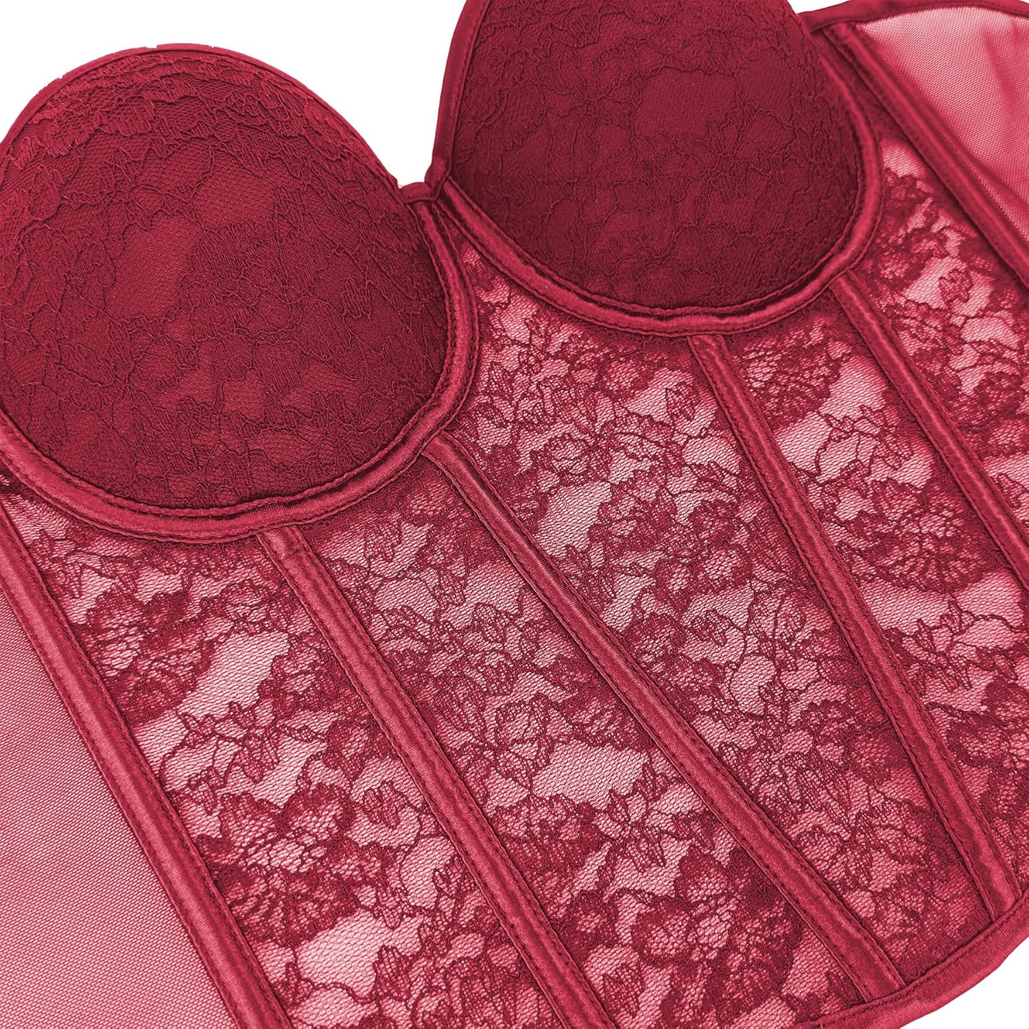 ELLACCI Women's Sheer Lace Corset Top with Padded Cups and Boning Support Gothic Corset Bra Tops Burgundy - Image 6