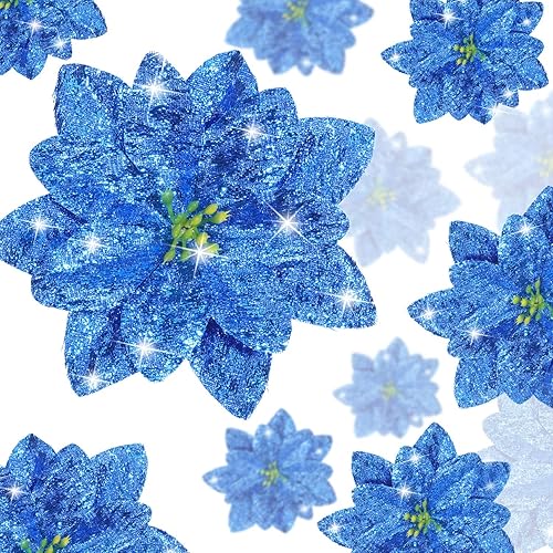 36 flores de Pascua con purpurina de Navidad, flores de imitación para árbol de Navidad, Año Nuevo, adornos (azul)
