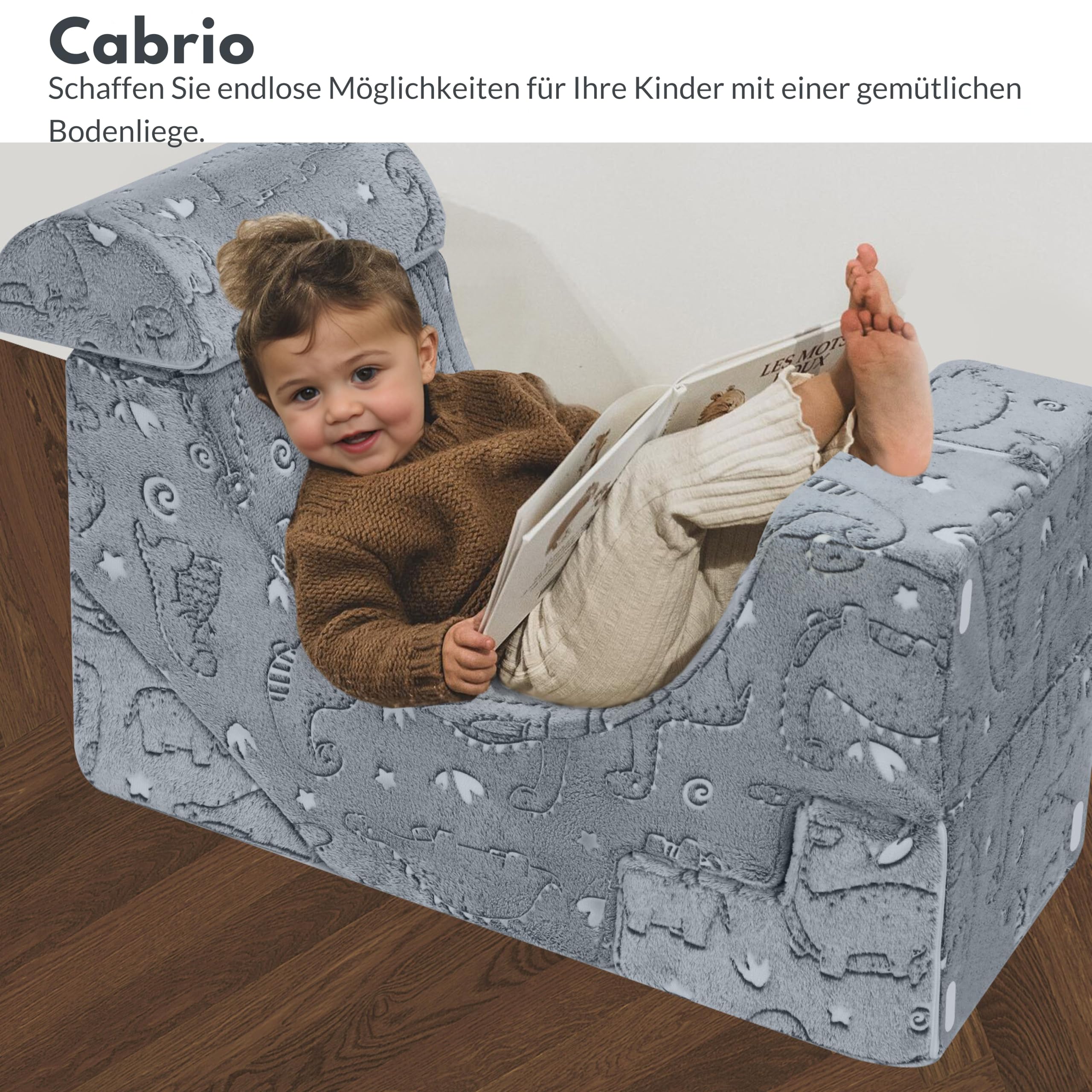 MeMoreCool Nachtleuchtend Klettersofa Grauer Dinosaurier, Modulares Kindersofa mit Rutsche und Treppe, Spielsofa aus Schaumstoff zum Klettern und Krabbeln, Leuchtende Dino-Muster Fuer Jungen