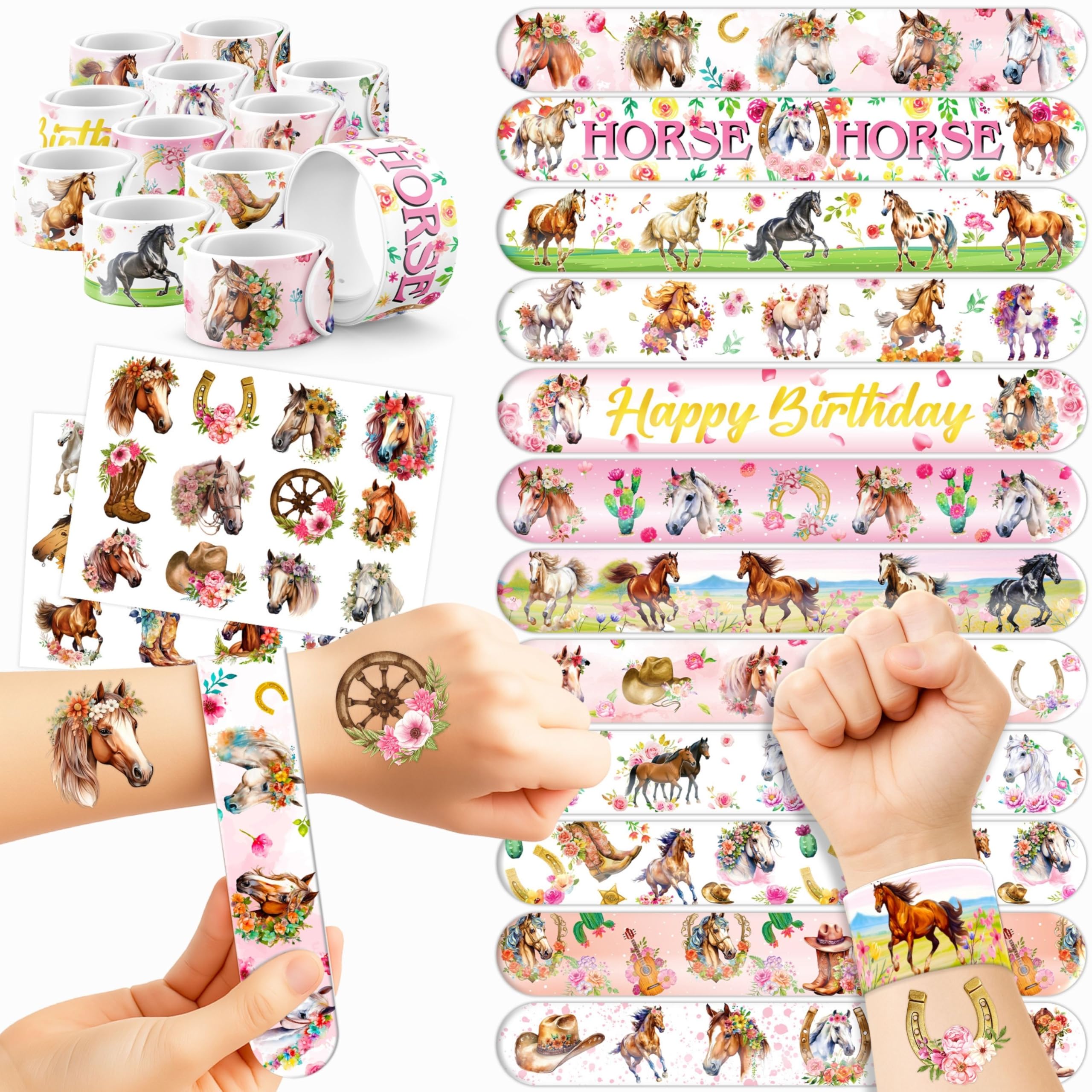 Tatouages temporaires cheval et bracelets slap : lot de 72 pièces de fête pour filles