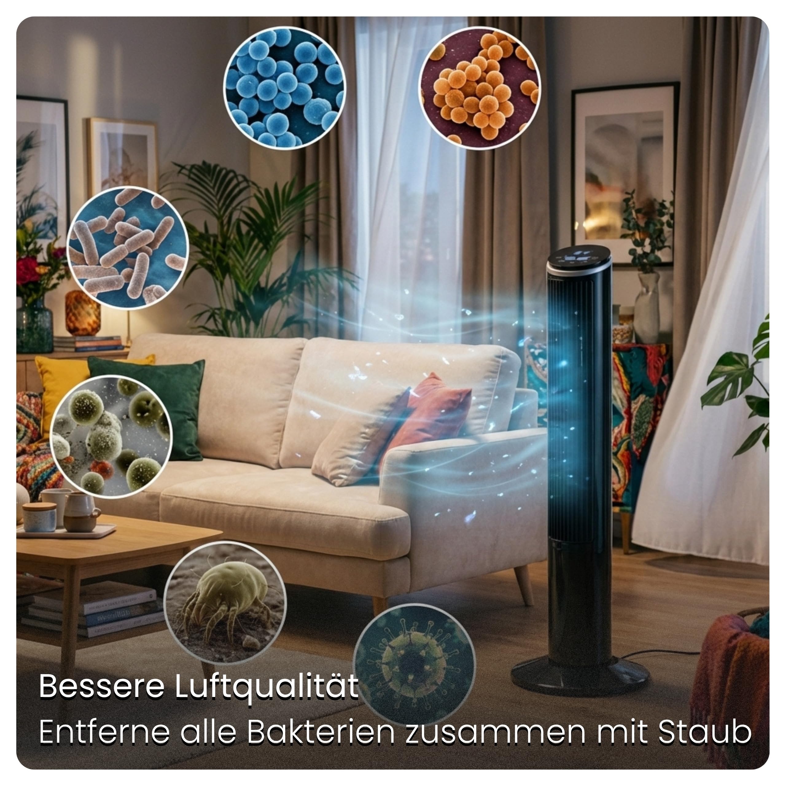 Turmventilator 102cm Standventilator mit Ionisator & Aroma-Clip IONIC, 5,8 m/s Wind, 90° Oszillation, 15h Timer, LED Display mit Temperaturanzeige, 55W, Tower Fan, Ventilator