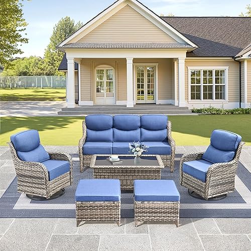 Opohoro Luxury High Back Outdoor Furniture with 6-Inch Thick Cushions, Patio Furniture Set with Swivel Chairs, 6 PCS Wicker Conversation Set for Porch, Balcony, Deck and Yard