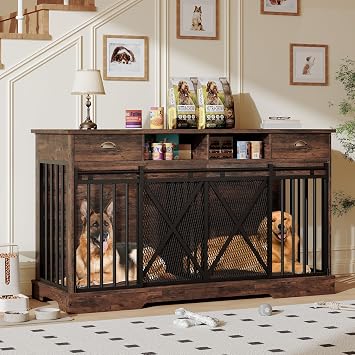 Double Dog Crate Furniture, 63 Inch Heavy-Duty Dog Kennel with Center Divider, Sliding Doors, Drawers and Open Shelves, Indoor Dog House for Living Room, Retro Brown