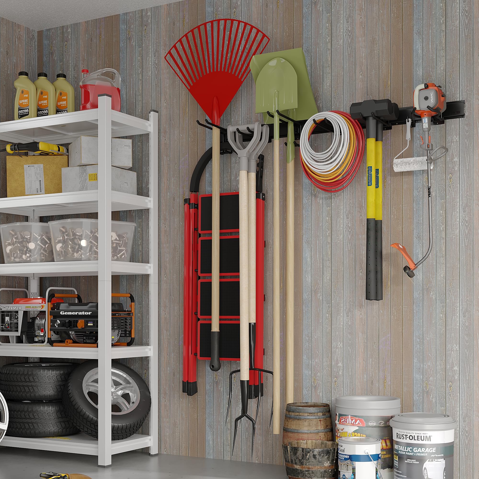 BONTEC Supporto per Attrezzi da Parete, Pannello Portautensili Garage da 122 cm con 8 Ganci Regolabili, Binario 7,8 cm, Porta Scope, Porta Bici, Organizer Officina, Antiruggine, Attrezzi Giardino,Nero