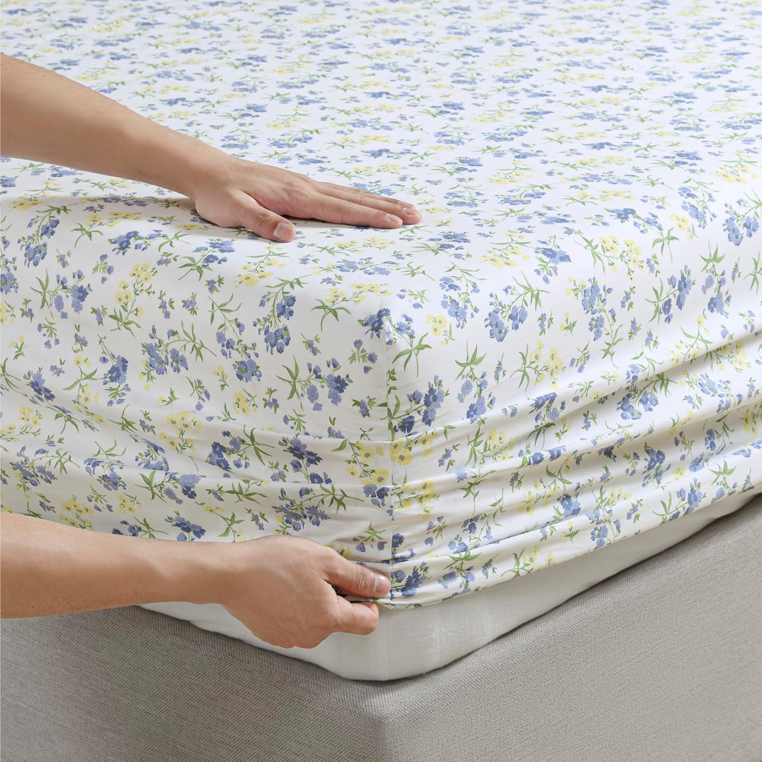 Martha Stewart Ruth Ditsy Floral 300TC 100% Cotton Percale Sheet Set, Blue/White, 4 Piece - 1 Flat Sheet, 1 Fitted Sheet, 2 Std Pillowcases, Breathable Cotton Printed Bed Sheets, Queen Size