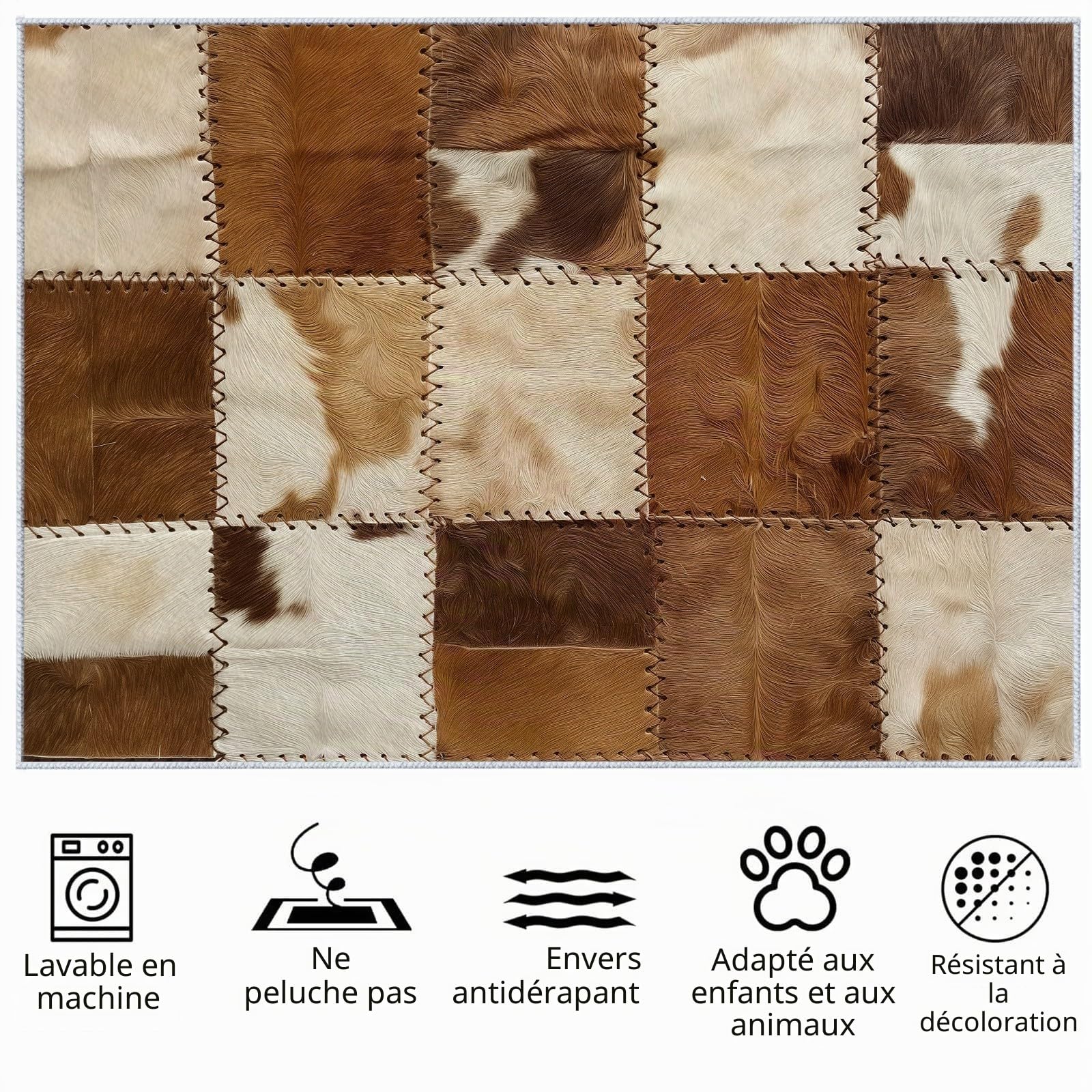 Générique Tapis Salon Lavable 160x230 cm Tapis Chambre, Rayures en Patchwork de Cuir de Vache Tapis Pile Courte et Douce Rectangulaire Tapis pour Les couloirs Antidérapant Tapis Style Ferme Tapis