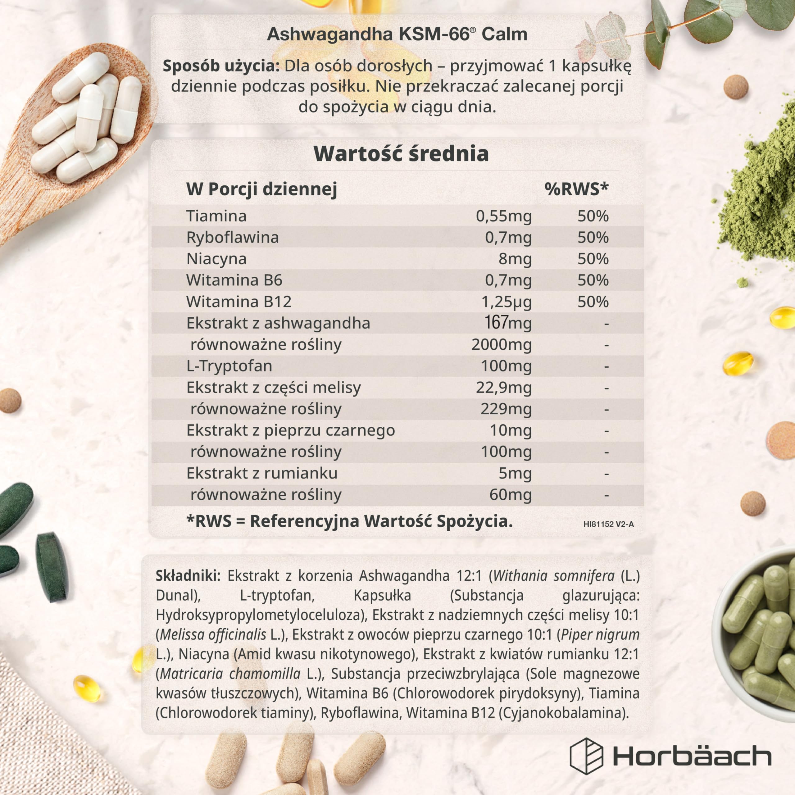 Ashwagandha KSM-66® 5000mg z Dodatkiem Aminokwasów oraz Witamin z Grupy B (B1, B2, B3, B6 i B12) | Formuła Wspierająca Spokój dla Kobiet i Mężczyzn | 60 Wegańskich Kapsułek | marki Horbaach