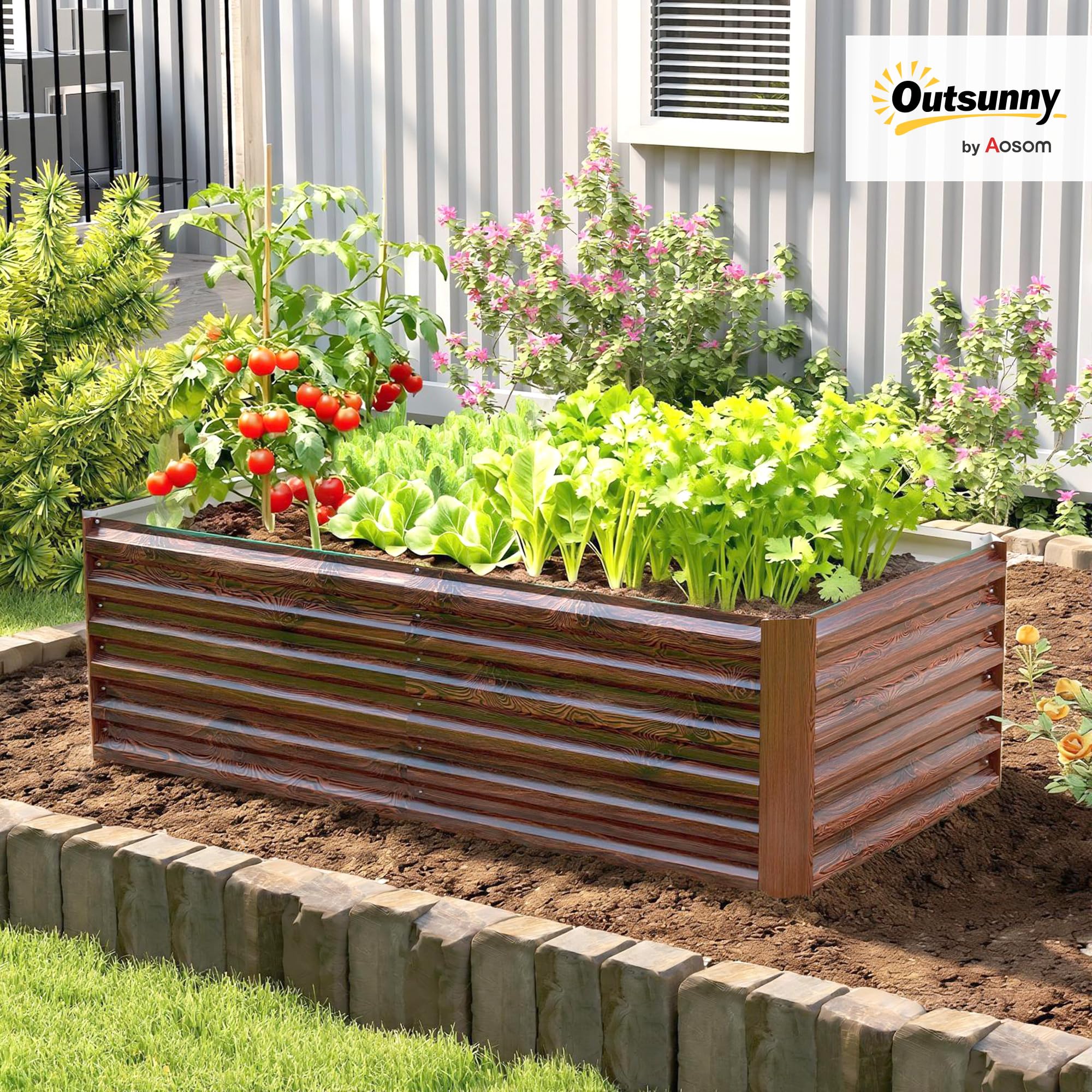 Outsunny Letto per Orto Rialzato da Esterno 180x90x57.5 cm Marrone Scuro | Fondo Aperto, Barre di Supporto, Fioriera da Esterno in Acciaio Zincato, per Fiori Verdure, Balcone Giardino