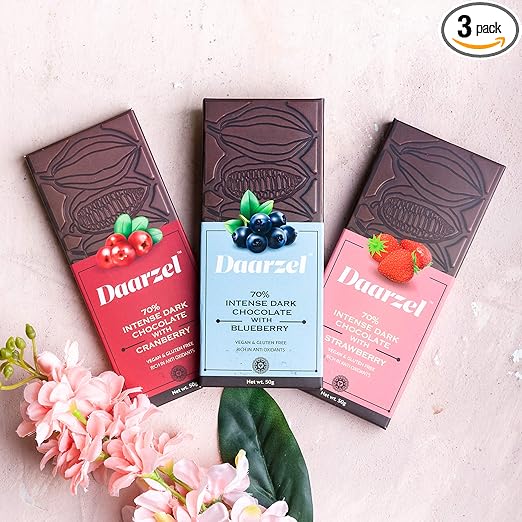 Daarzel Dark Chocolate Gift Pack Vegan 70% Dark Chocolate, Strawberry, Cranberry & Blueberry Chocolate Bar, Gluten Free | Daarzel Bars, 50 gms x 3 | 150 gms