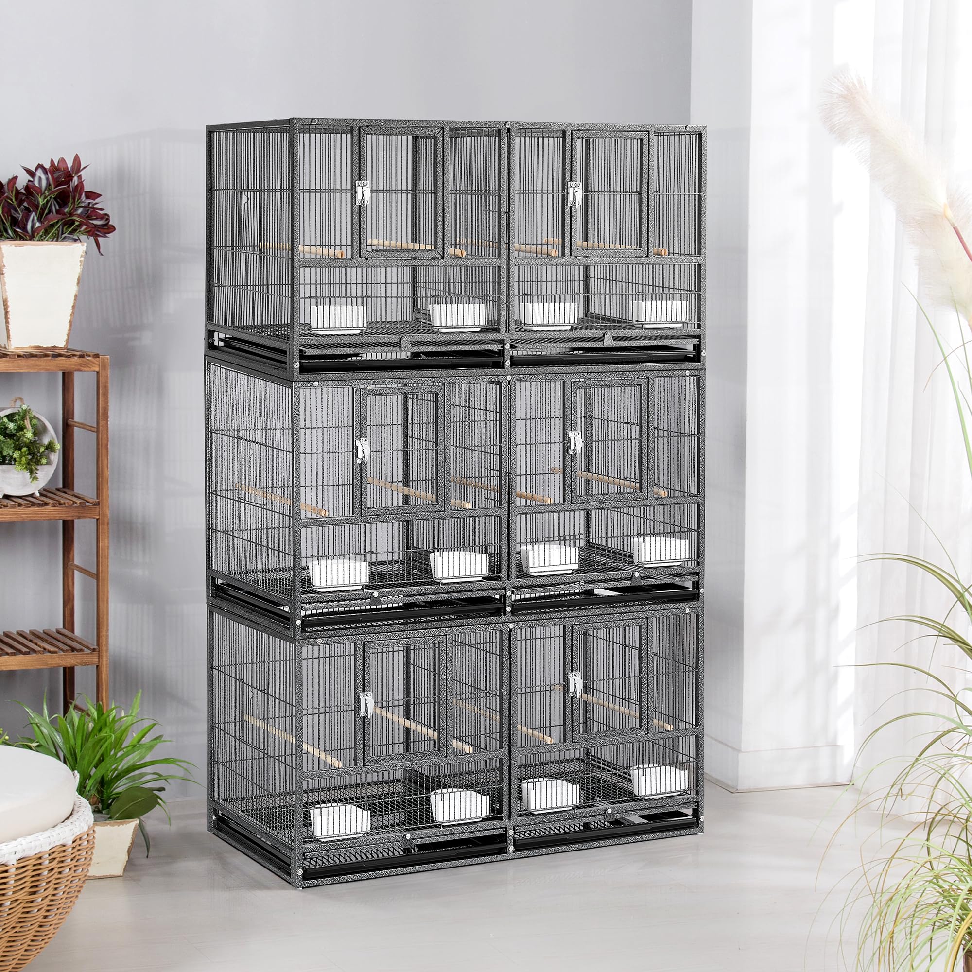 Yaheetech Großer Vogelkäfig Vogelvoliere Papageienkäfig Doppelkäfig Trennwand Trenngitter Zuchtkäfig Vogelhaus 96 X 46X 53 cm Schwarz