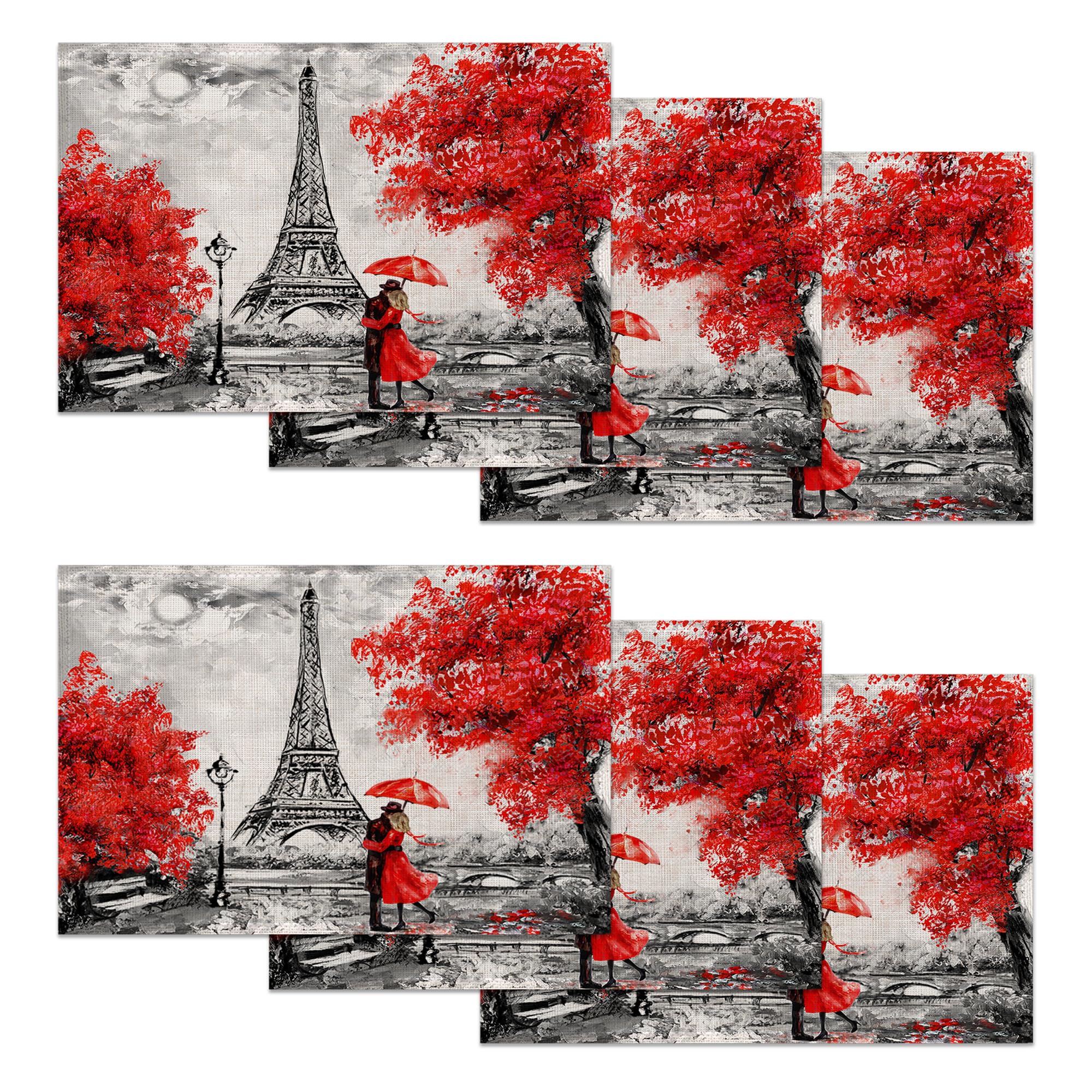 Eiffel Tower Set of 6 Washable Linen Placemats, Cherry Blossom Heat Resistant Non-Slip Table Mats for Kitchen Dining Table,Home or Party Decor 12"x18" โ image 1