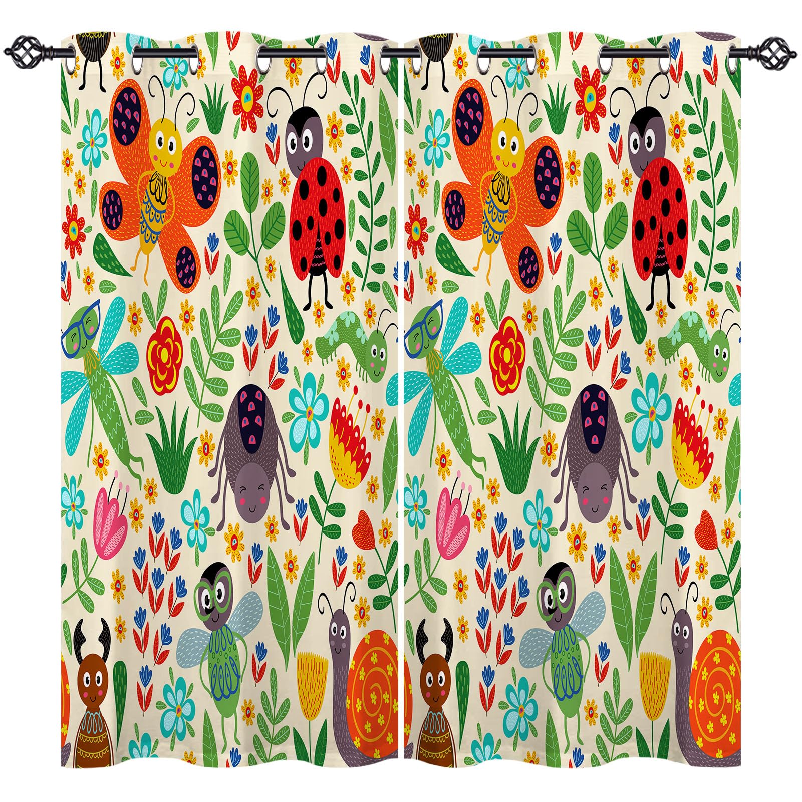 ANHOPE Insect Curtains Eyelet 80% Blackout Room Darkening Curtains with Cute Cartoon Animal Plant Print Pattern Thermal Insulated Window Drapes for Kids Bedroom Living Room 30 x 63 Inch Drop 2 Panels