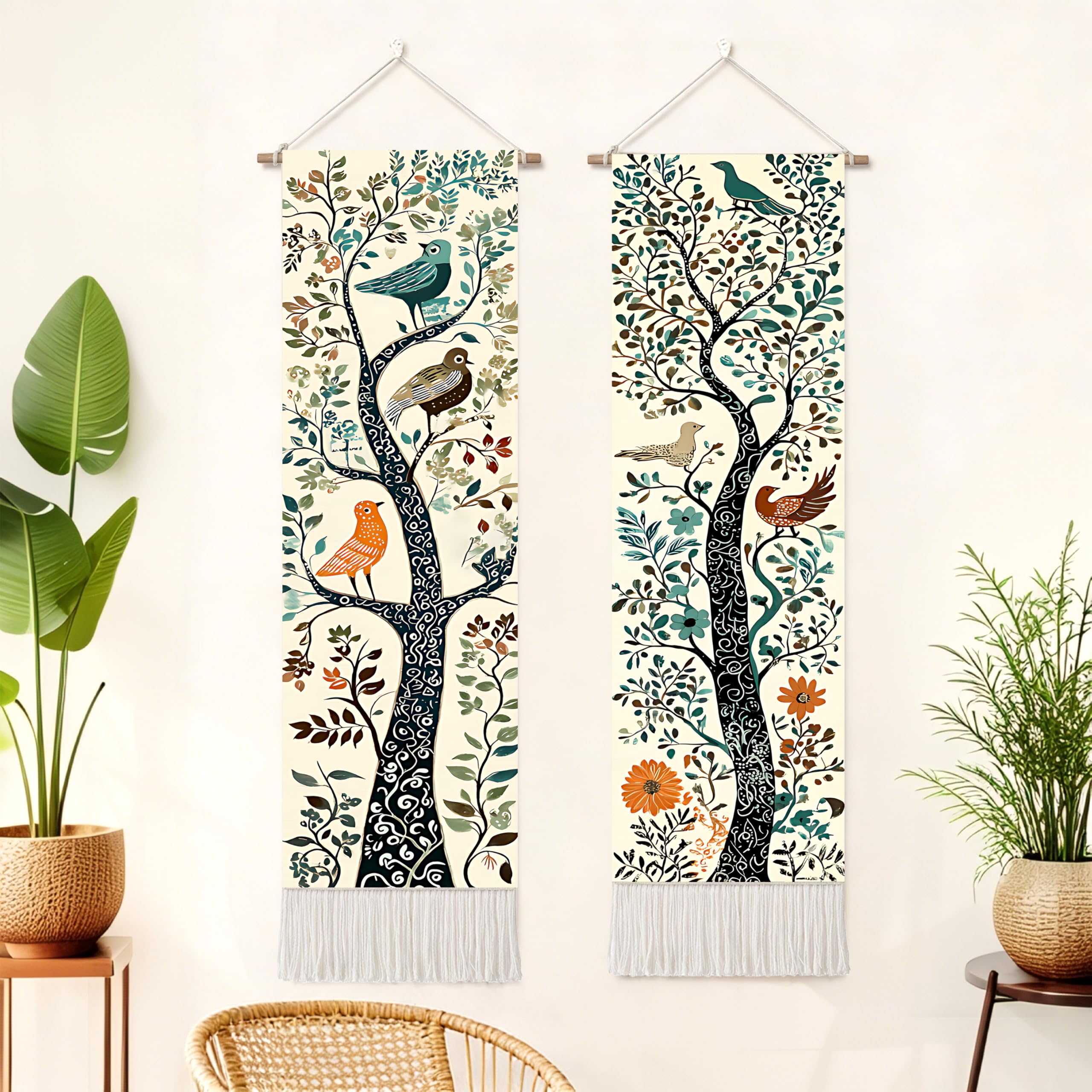 seewan 2 Pack Long Vertical Wall Tapestry, Boho Nature Landscape & Floral Aesthetic Wall Hanging for Bedroom Living Room Home Decor, Long Narrow Art