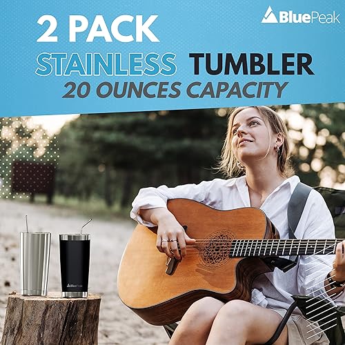 Miniatura 8 de BluePeak Juego de vasos aislados de acero inoxidable al vacío de doble pared, paquete de 2, incluye 2 tapas para sorber, 2 tapas deslizantes a