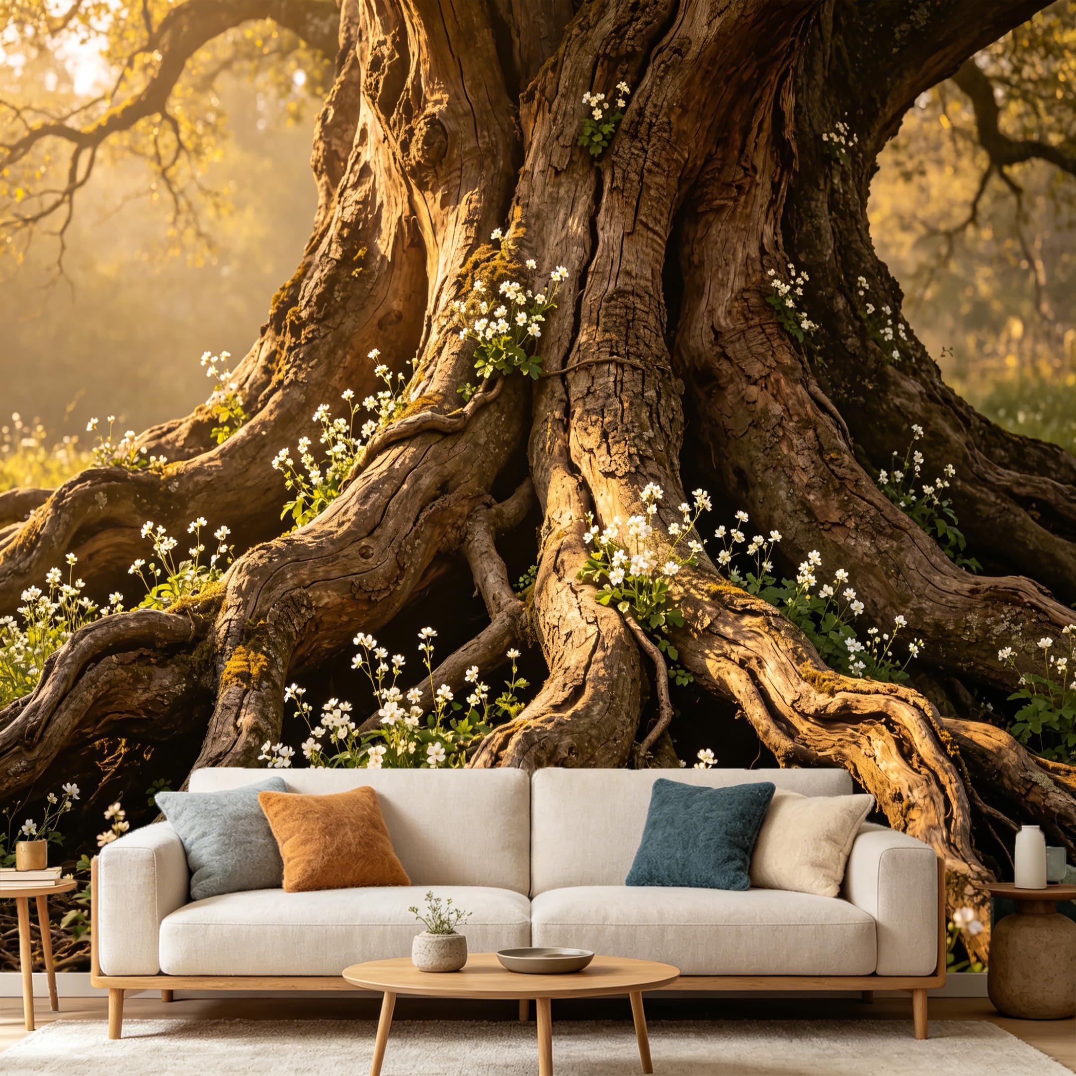 Custom Size Wall Mural Ancient Tree Roots Botanical Forest Sunlight Flowers Nature Landscape SelfAdhesive Art Prints wall Fabric(No PVC) Removable Wallpaper Home Bedroom Decor